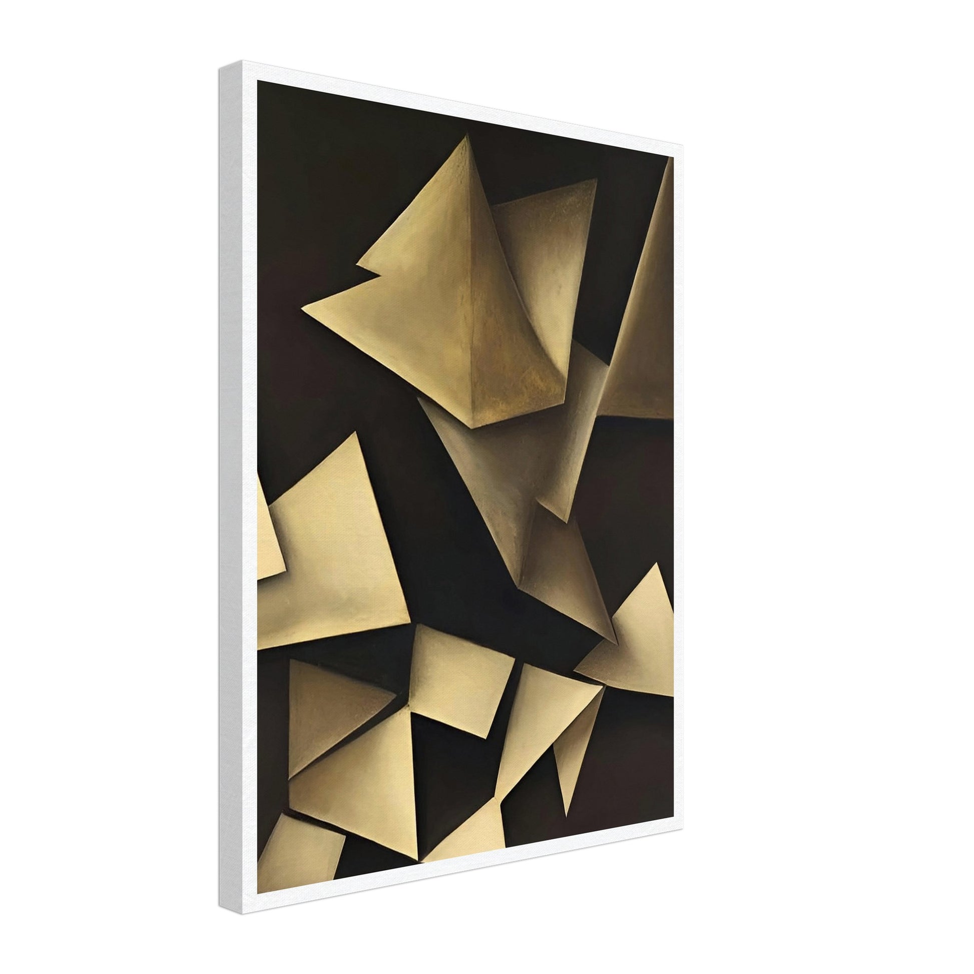 Abstract painting featuring geometric shapes in muted tones, creating a play of light and shadow.