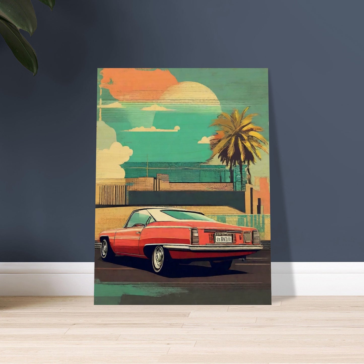 A vintage-style illustration of a red classic car parked near a palm tree with a sunset background.