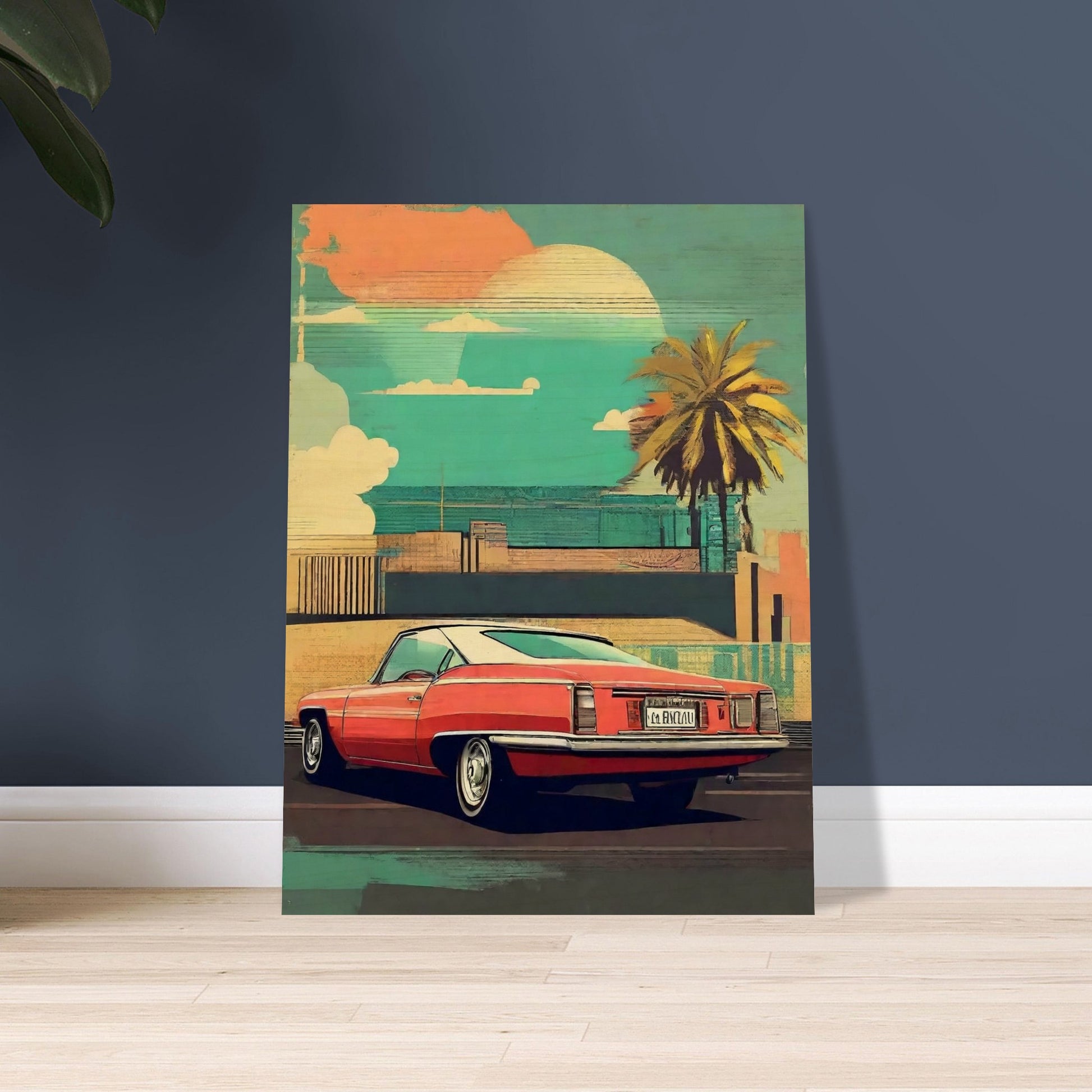 A vintage-style illustration of a red classic car parked near a palm tree with a sunset background.