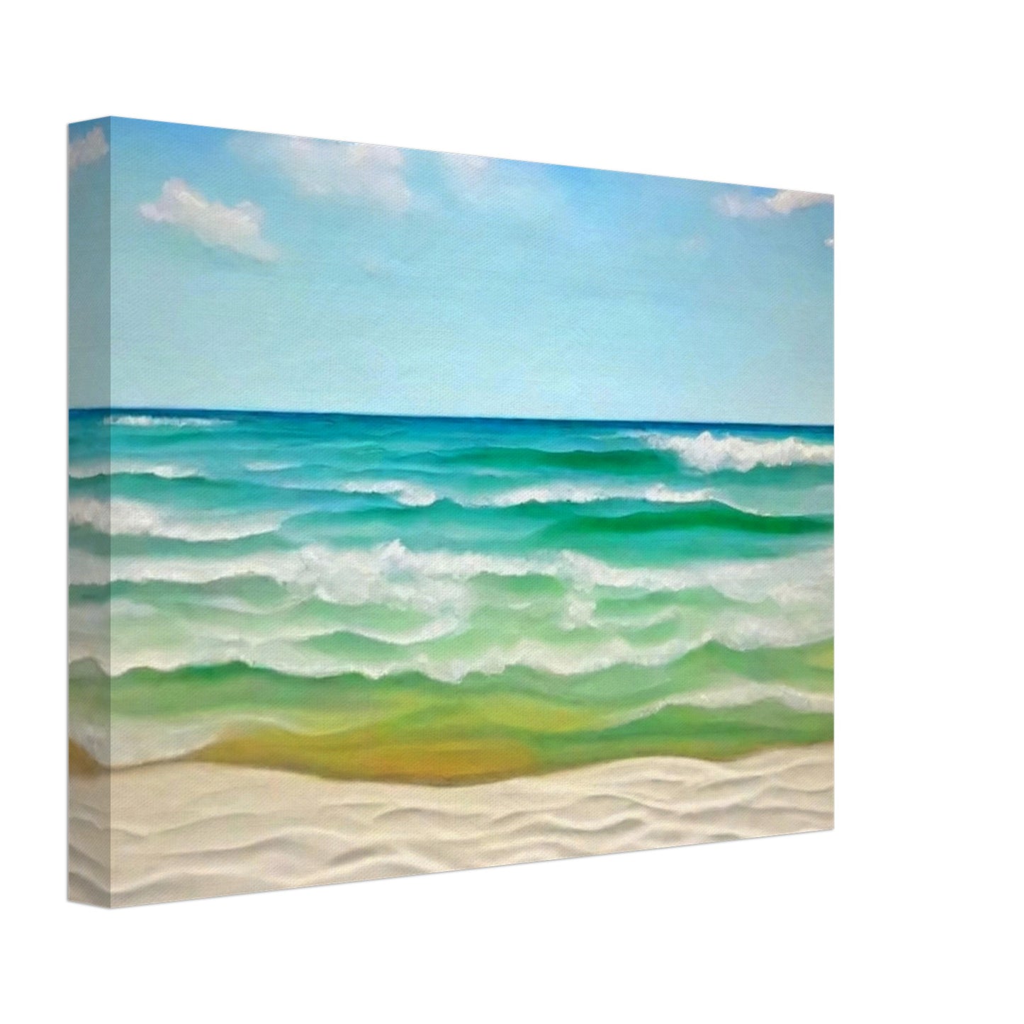 "A peaceful seascape painting of gentle waves rolling onto a white sandy beach under a clear blue sky with soft clouds."