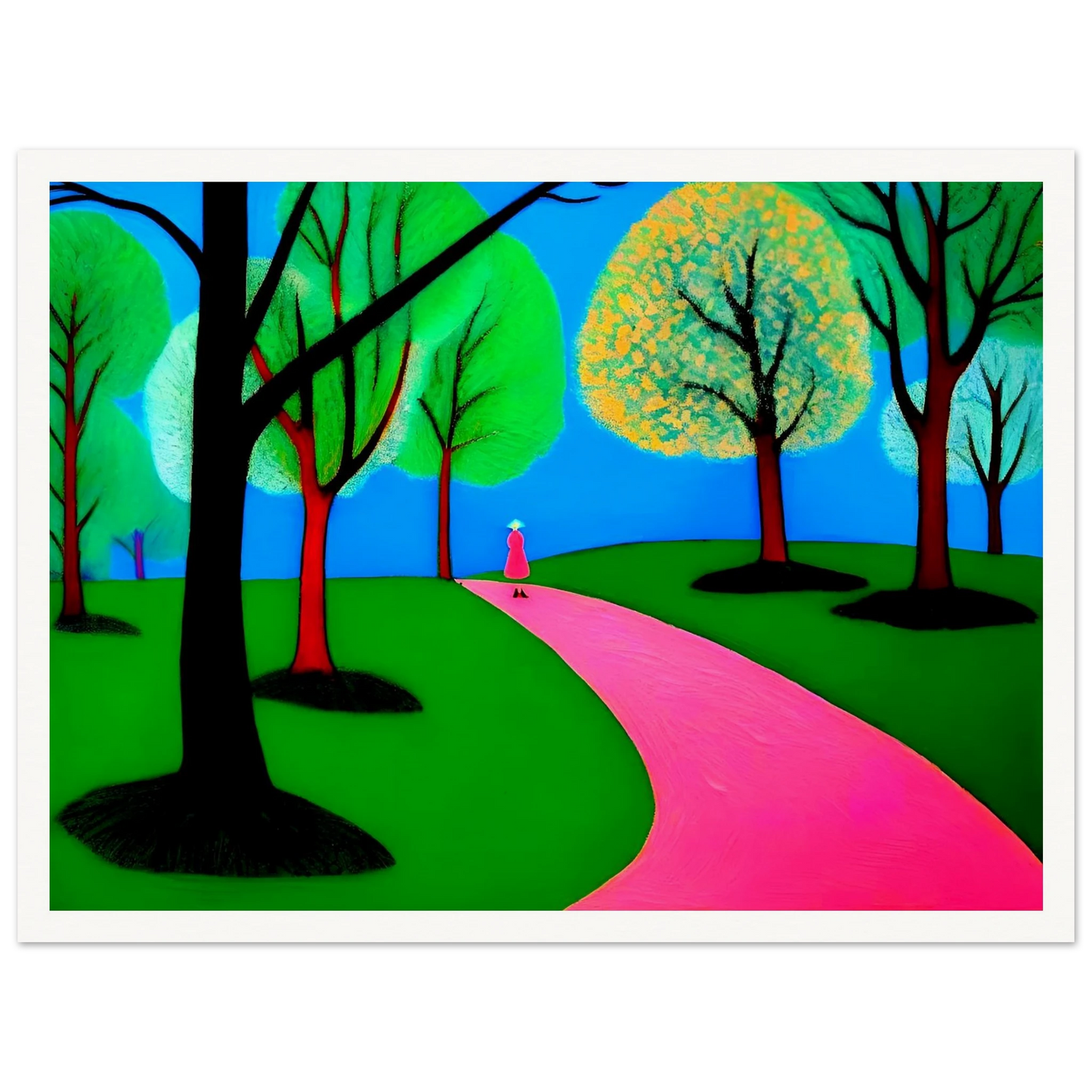 Minimalist landscape with neon green trees, blue sky, and a lone woman walking along a winding bright pink path.