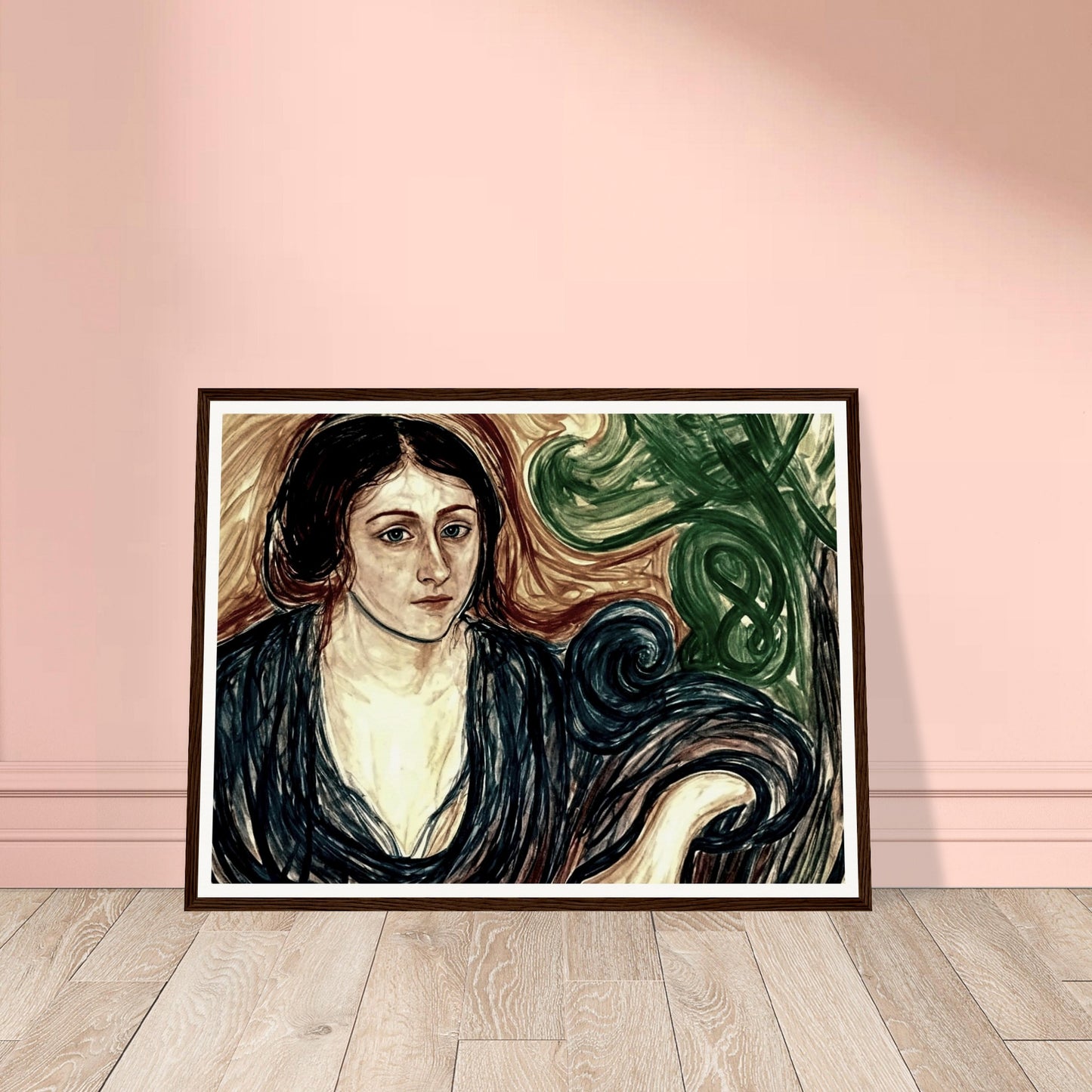 A contemplative portrait of a woman with dark hair, dressed in a flowing blue robe, surrounded by swirling patterns of green and brown.