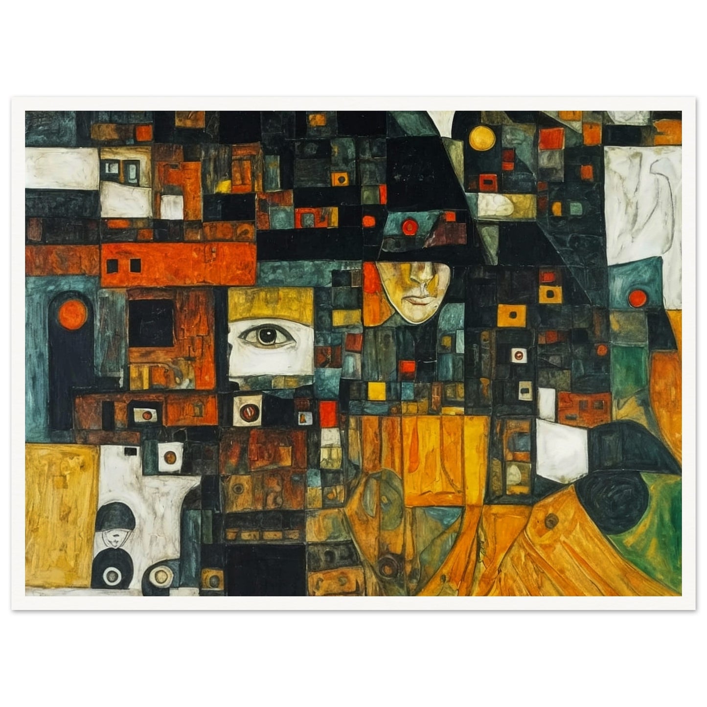 Complex and intriguing collage of fragmented faces and geometric patterns, revealing hidden layers of identity and emotion.