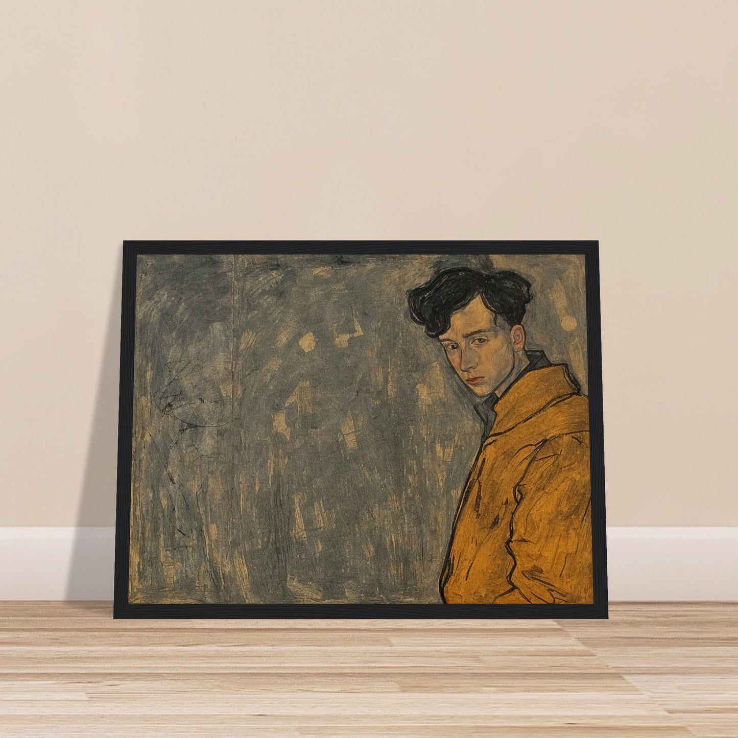 A portrait of a young man in a yellow jacket, his thoughtful expression framed against a muted, textured background.