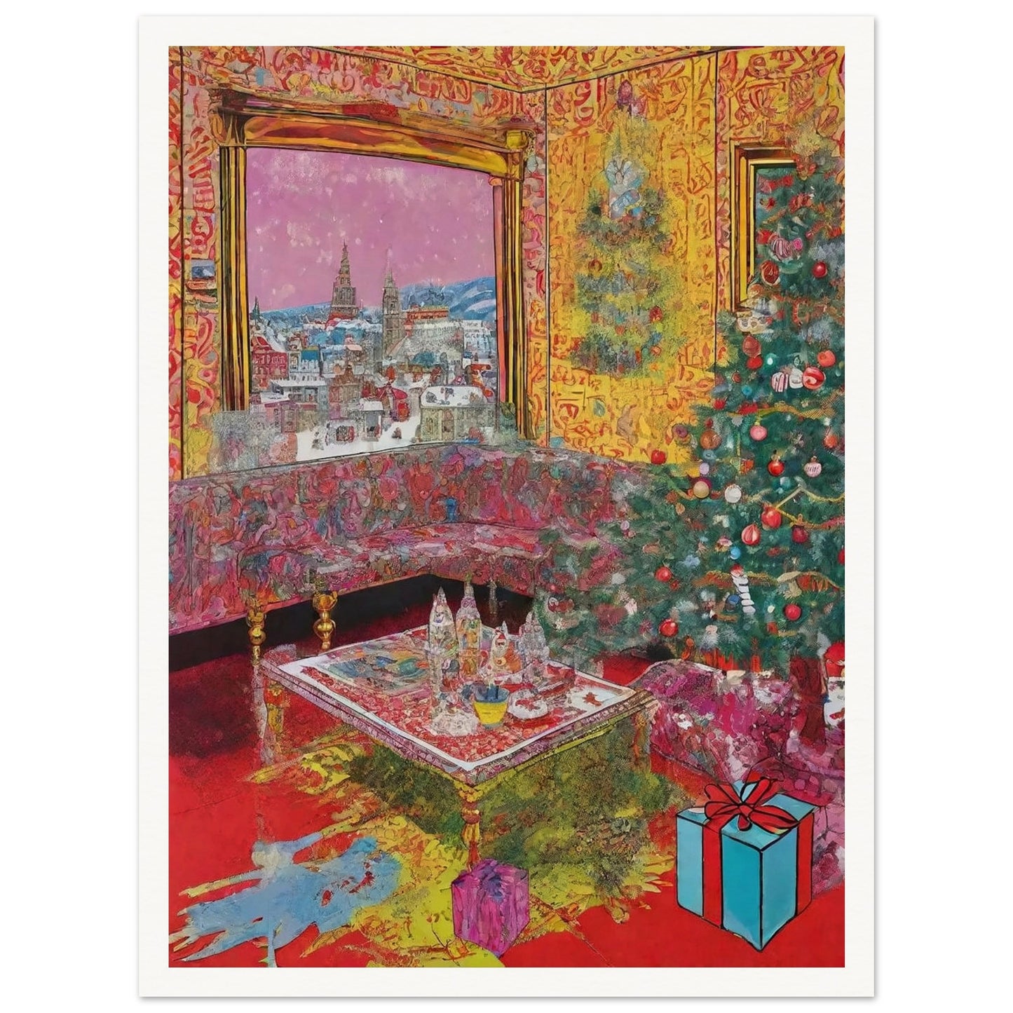 A vibrant living room adorned with a Christmas tree, presents, and festive decorations, featuring a large window showcasing a snowy cityscape with church spires in the distance.