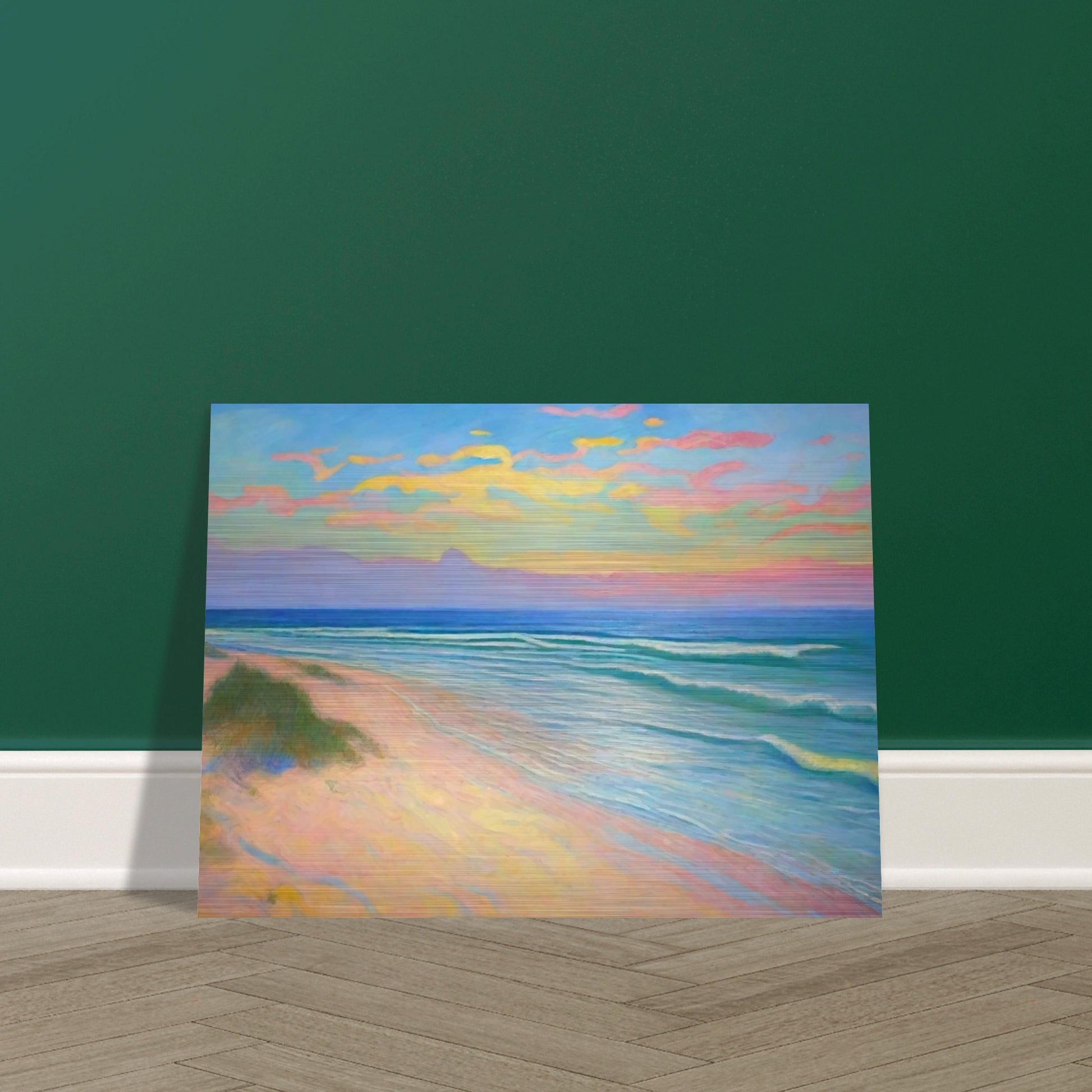 "A serene beach scene with pastel-colored clouds in the sky, gentle waves, and soft sandy shores, creating a peaceful atmosphere."