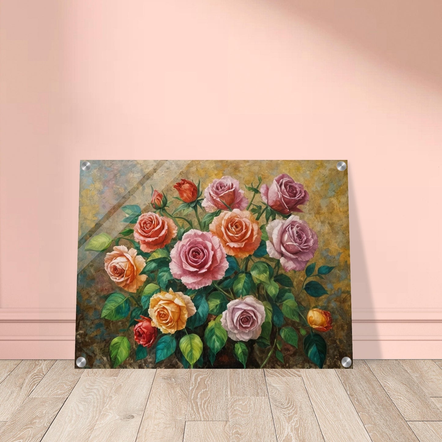 A captivating arrangement of multicolored roses, their petals beautifully layered and surrounded by fresh green foliage.