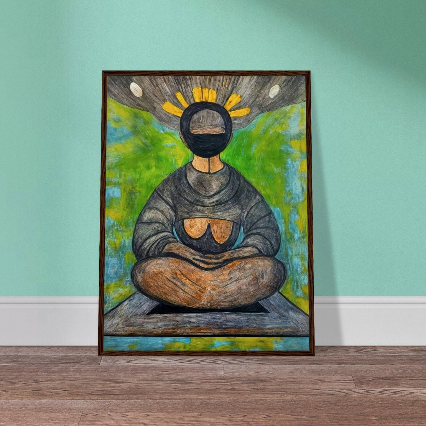 An abstract depiction of a meditative figure seated in a cross-legged position with a halo-like crown of yellow rays, set against a vibrant green and blue background, symbolizing tranquility and spiritual reflection.