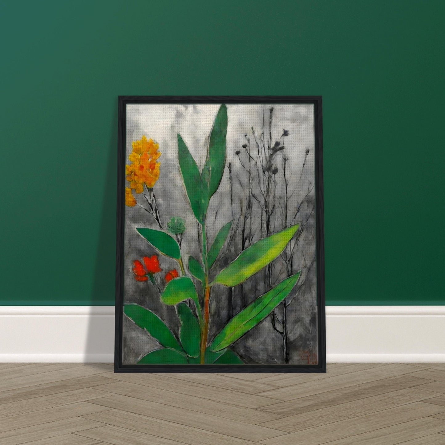 A striking contrast of lush green leaves and vibrant orange and yellow flowers against a monochrome background of withered branches.