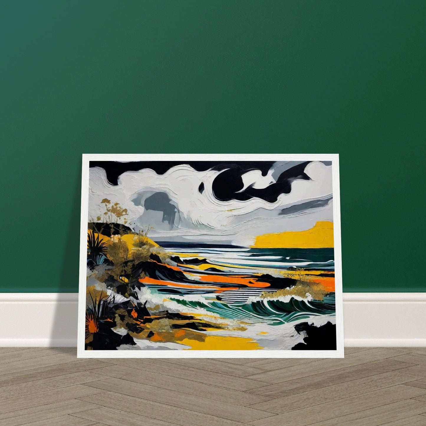 A striking seascape painting with swirling clouds, crashing waves, and bold colors of yellow, black, and green along a rugged coastline.