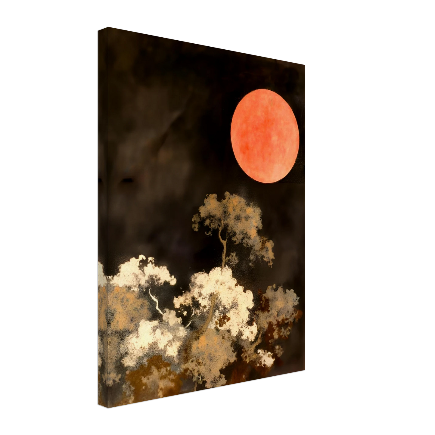 A glowing red moon floats over wispy trees in the dark, creating a dreamlike night scene with fiery contrast and quiet drama.