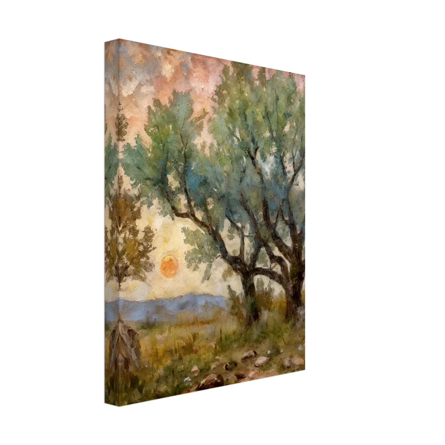 Sunset filters through tall, leafy trees, casting golden light over a rocky path and open field in this painterly forest scene.
