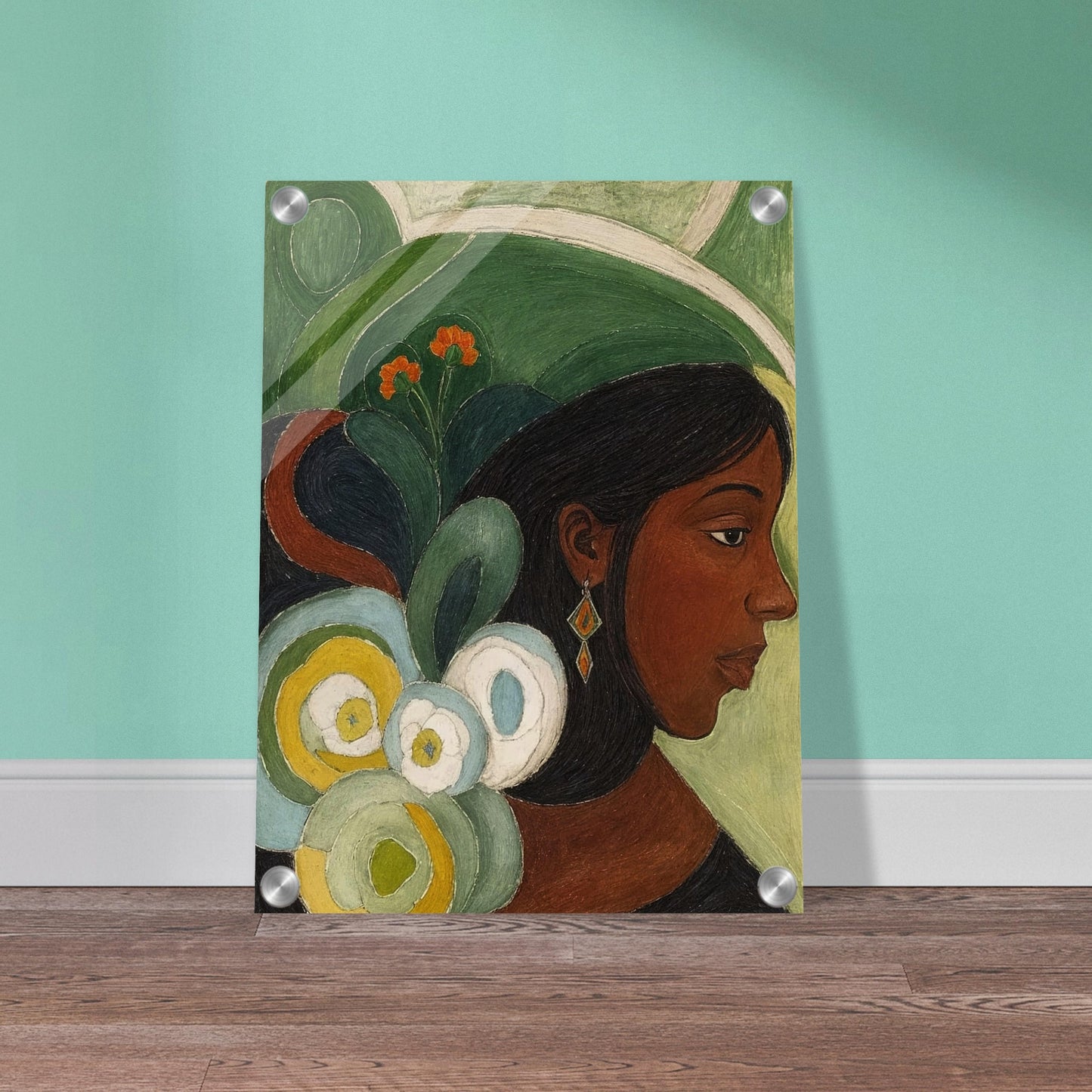 A contemplative portrait of a woman in profile, adorned with vibrant green and floral elements in the background.
