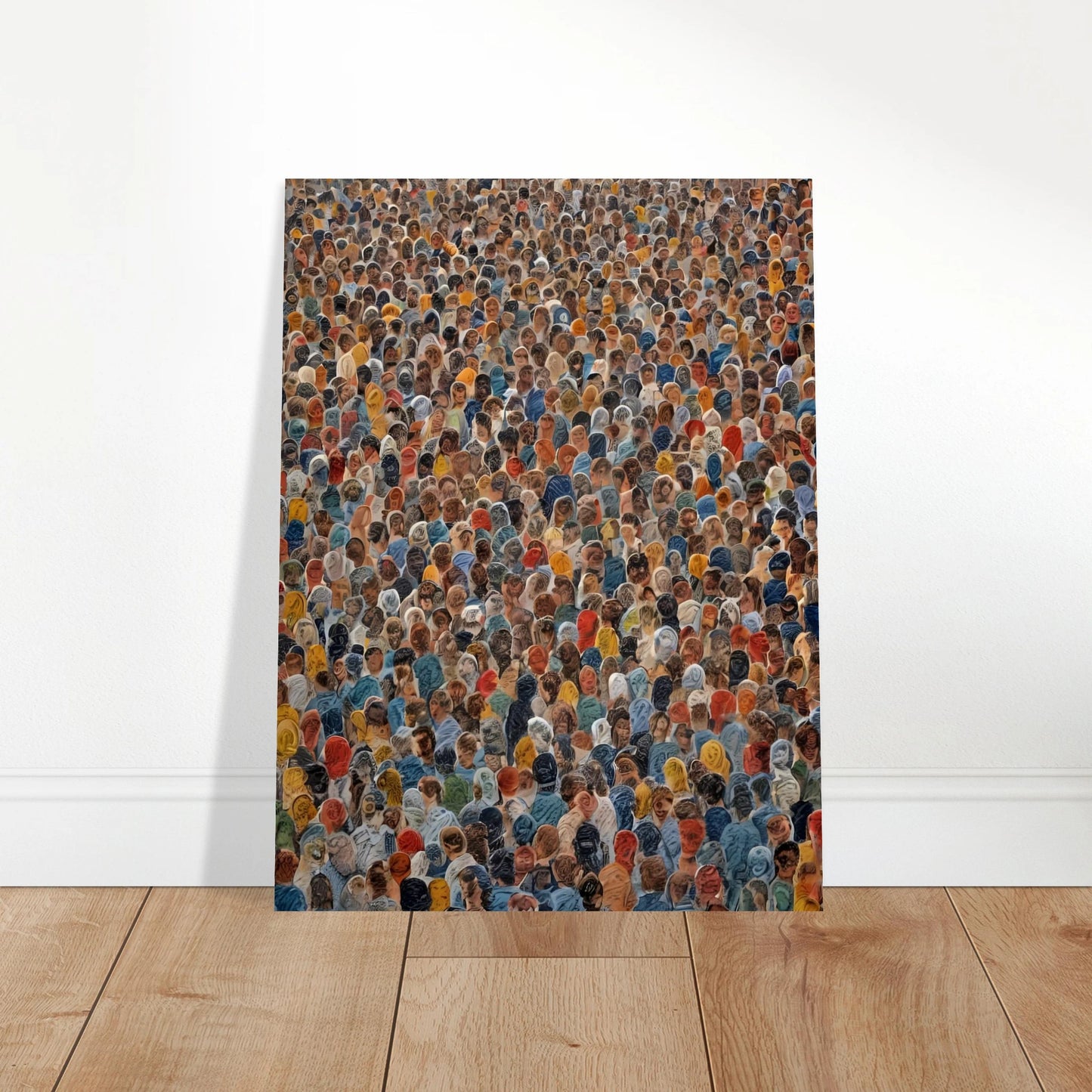 A densely packed crowd of diverse individuals wearing colorful clothing, viewed from above in a striking display of human unity.