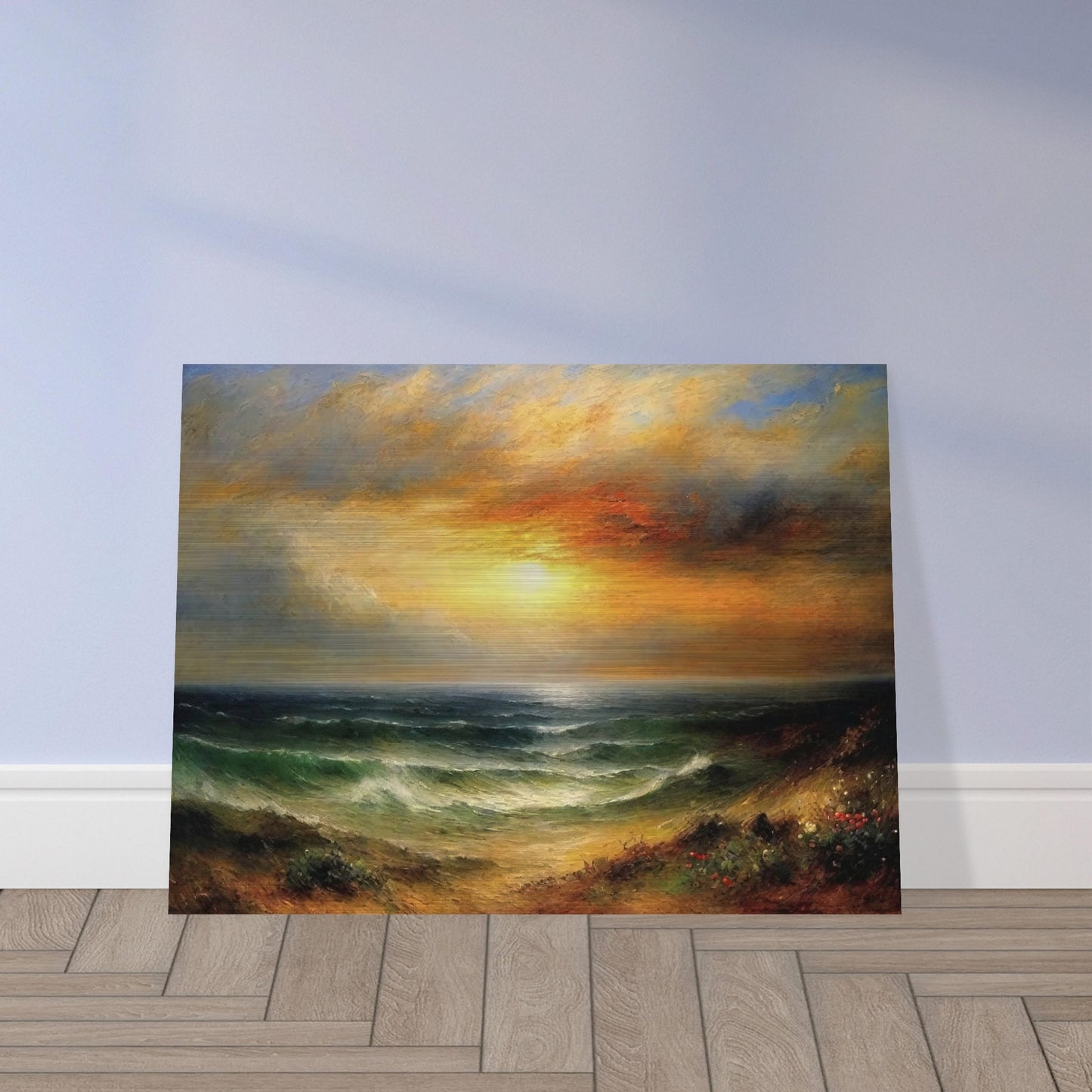 A beautiful seascape painting of a glowing sunset over calm ocean waves, with golden skies and soft colors reflecting on the water.