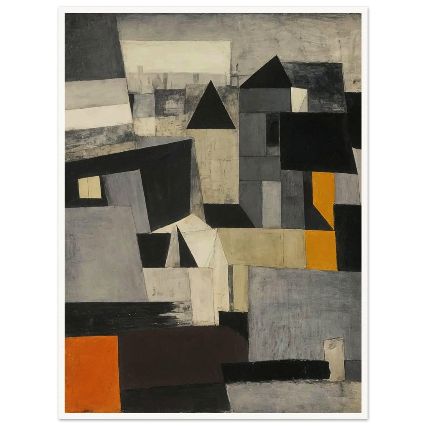 A dynamic composition of fragmented cityscape elements in shades of gray, black, and orange, creating an intriguing visual narrative.