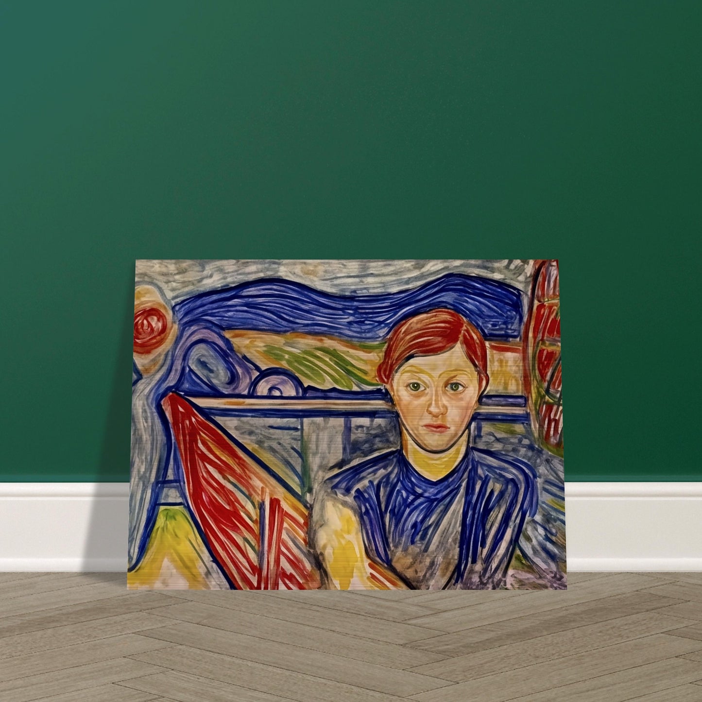 An expressive painting of a figure with red hair, seated against a vibrant background of swirling blue, red, and green brushstrokes, creating a sense of deep thought and inner reflection.