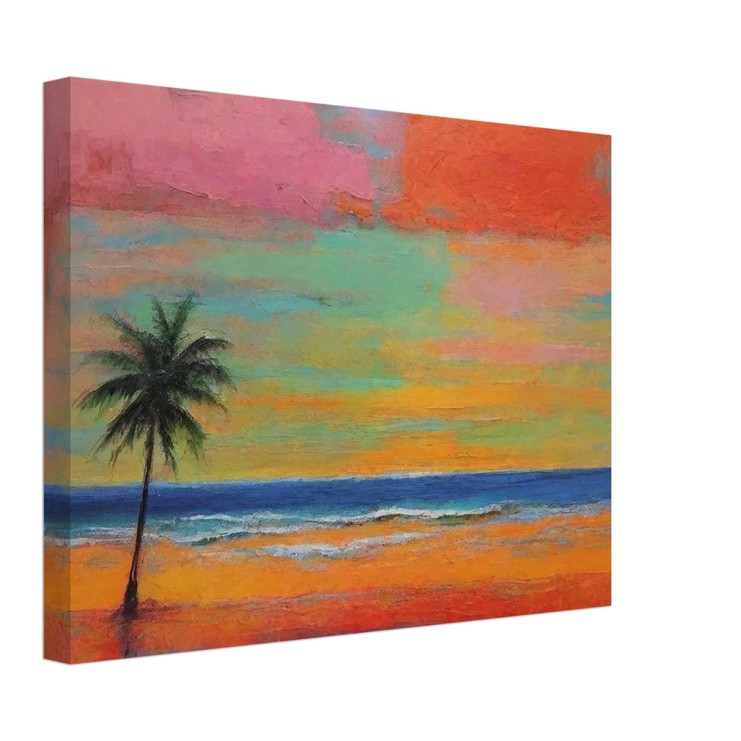 A vibrant tropical sunset with a lone palm tree silhouetted against a colorful sky blending pink, orange, green, and blue hues.