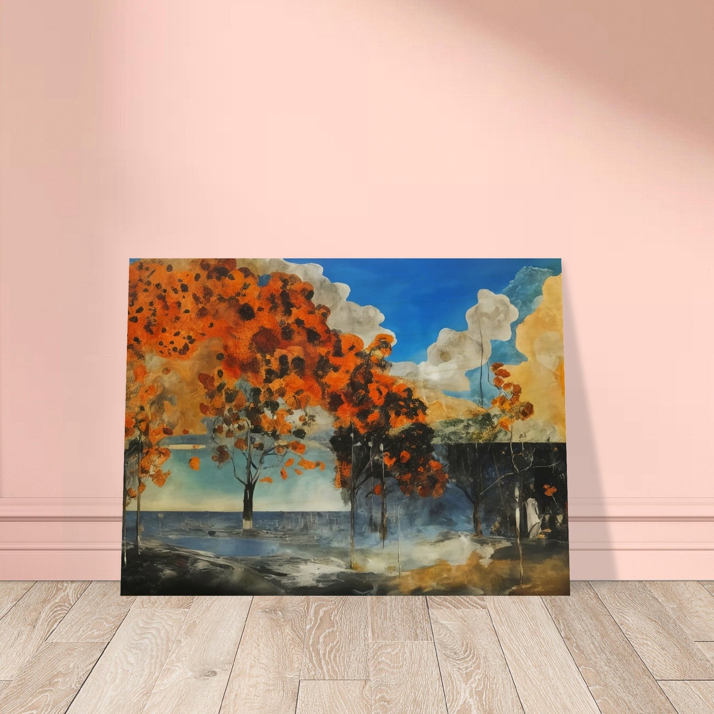 A captivating painting of autumn trees with vibrant orange foliage set against a bright blue sky and dark, shadowy foreground.
