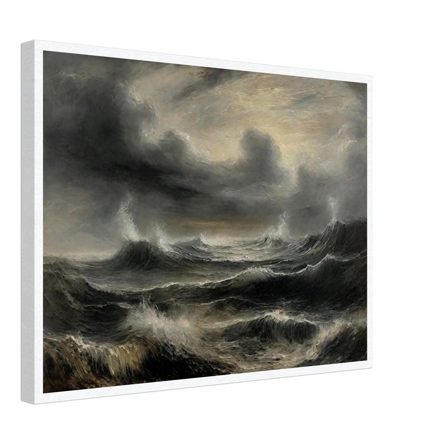 A dramatic painting of a stormy sea with dark, turbulent waves and ominous clouds. The swirling, textured brushstrokes capture the intensity and power of the ocean during a tempest.