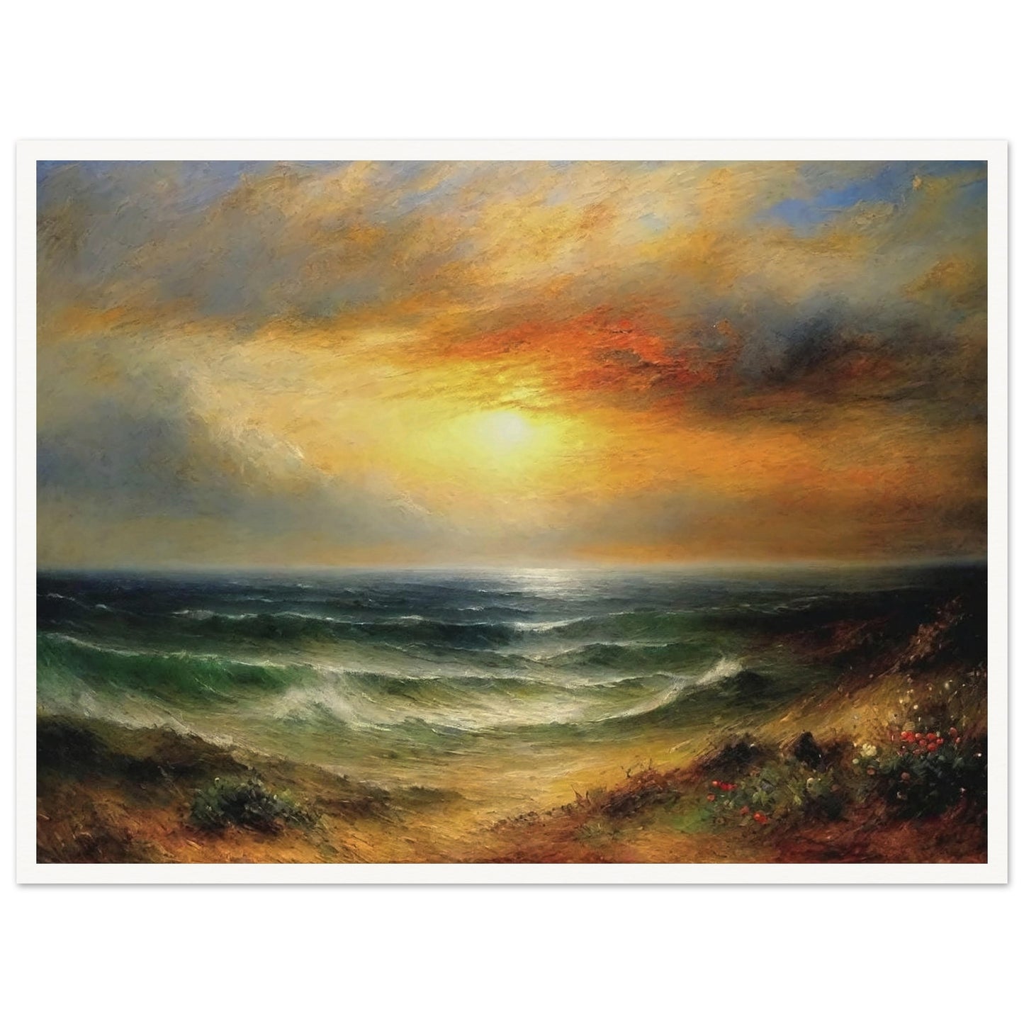 A beautiful seascape painting of a glowing sunset over calm ocean waves, with golden skies and soft colors reflecting on the water.