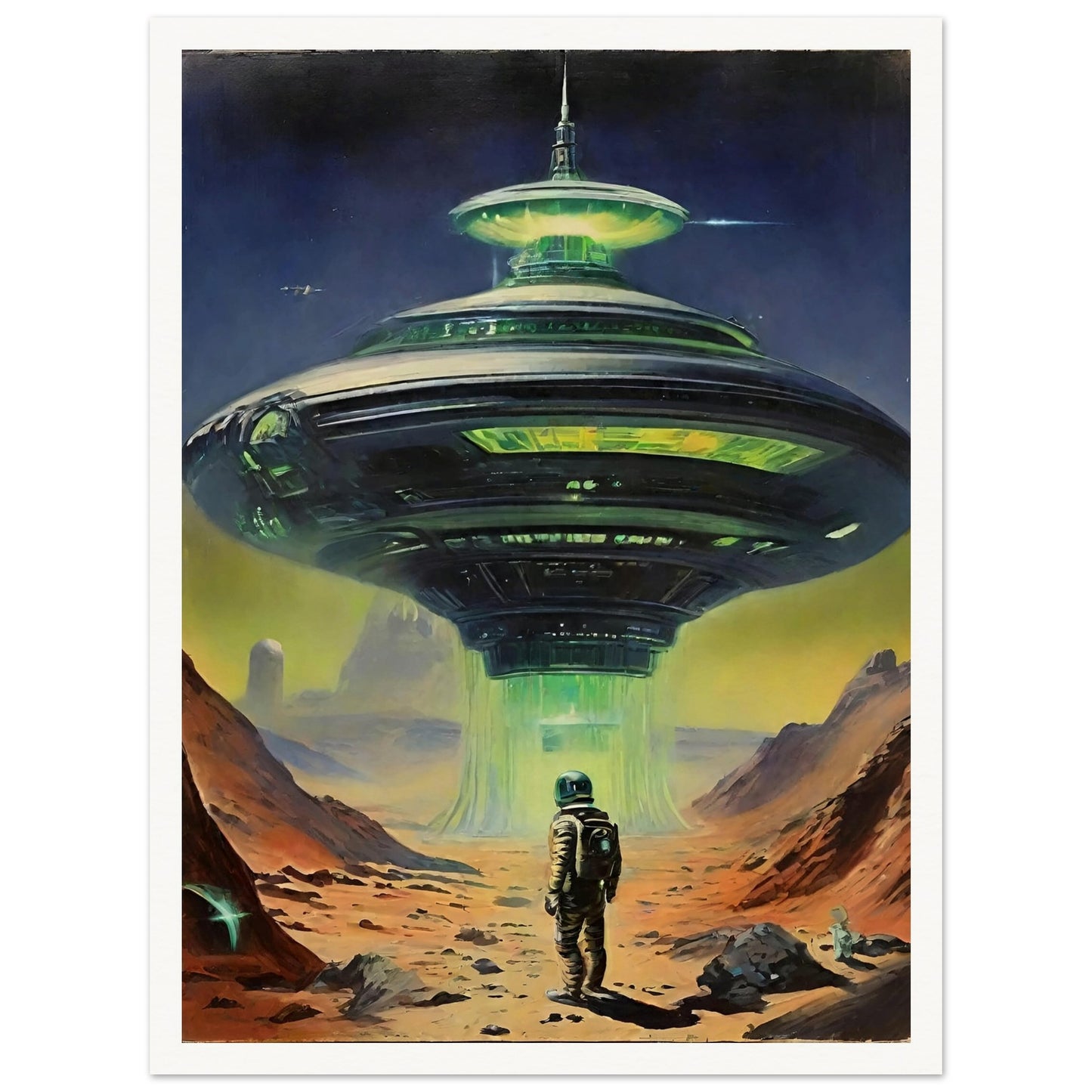 A sci-fi painting of an astronaut standing in front of a large, illuminated alien spacecraft on a barren landscape.