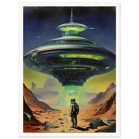 A sci-fi painting of an astronaut standing in front of a large, illuminated alien spacecraft on a barren landscape.