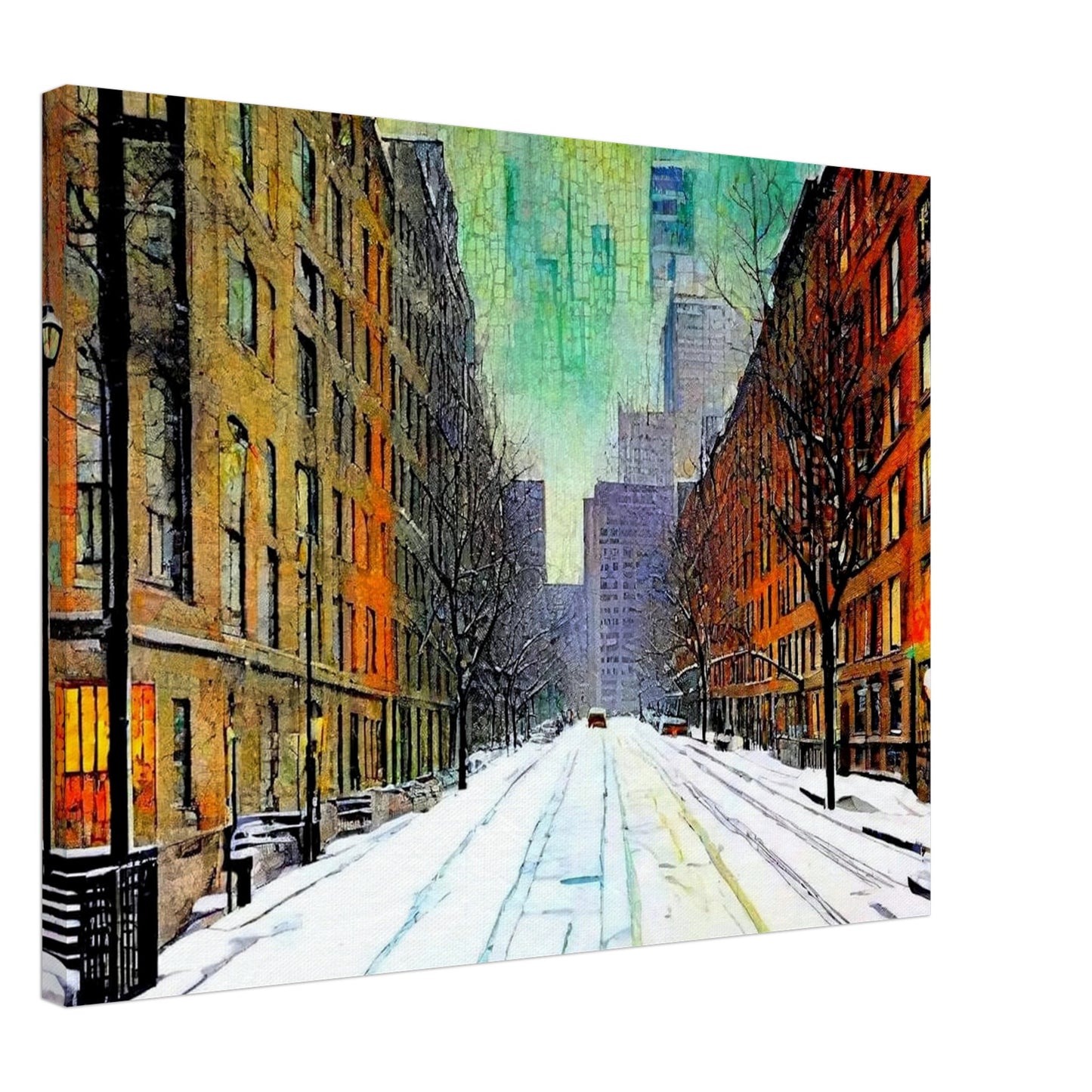 A quiet, snow-covered city street lined with tall buildings on either side, leading to a misty skyline of skyscrapers under a greenish winter sky, evoking peaceful urban solitude.
