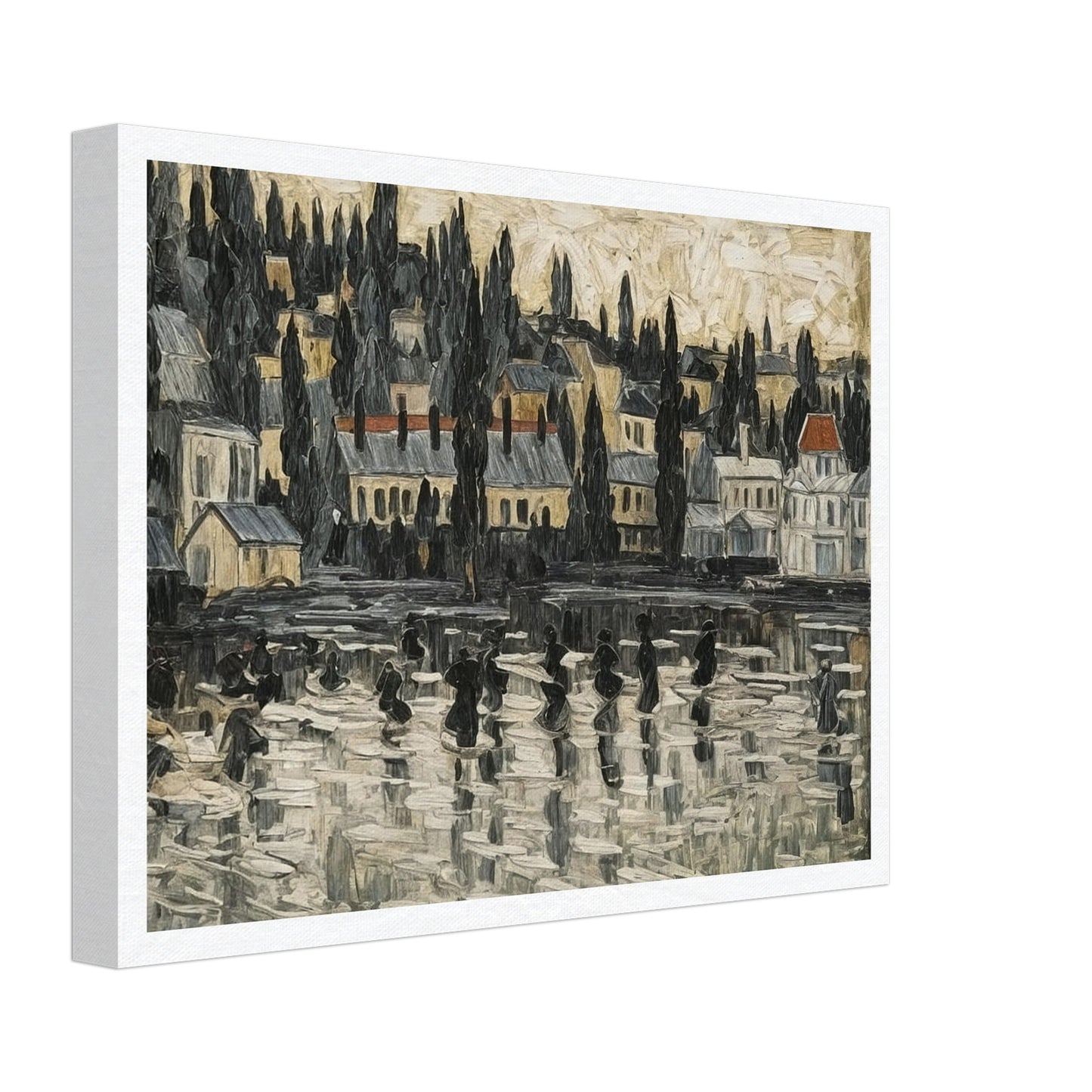 A textured painting of a serene townscape reflected on a misty lake, with tall trees and buildings set against a soft, muted sky.