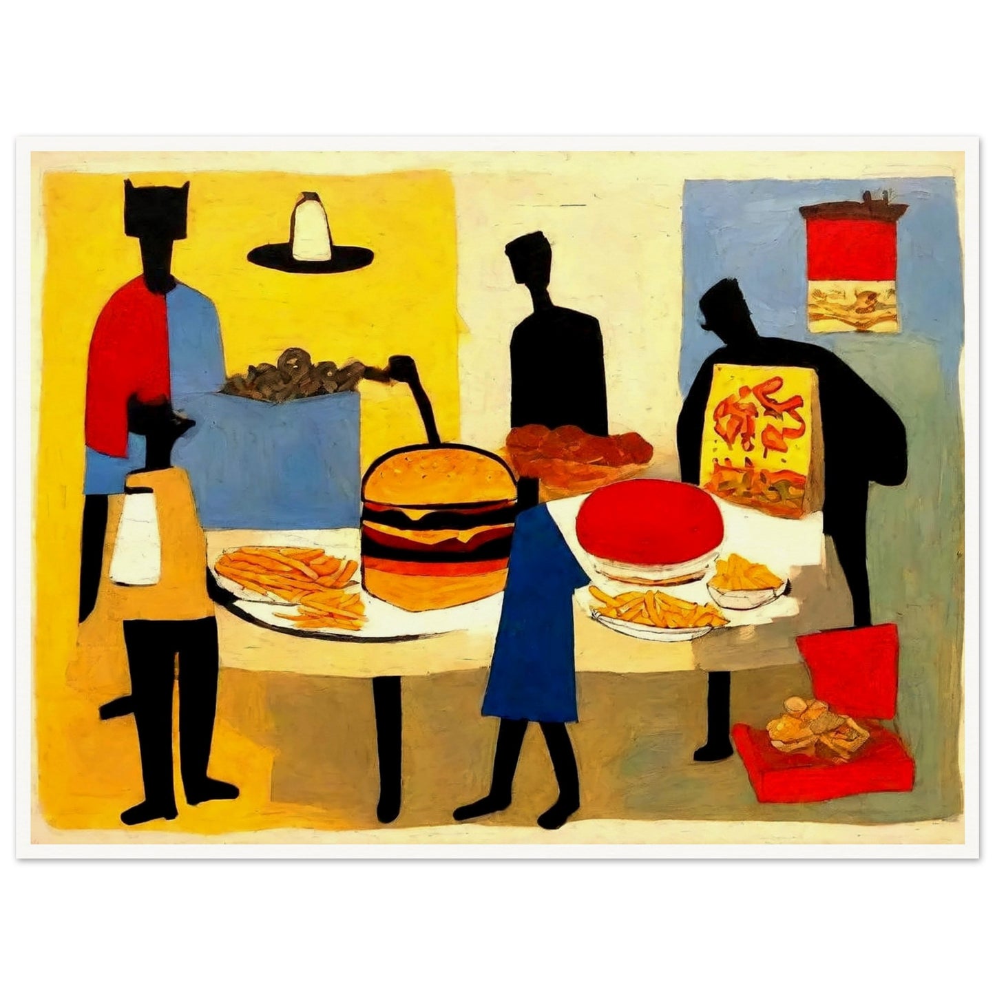 "An abstract painting of figures gathered around a table full of fast food items, including a burger, fries, pizza, and soda."
