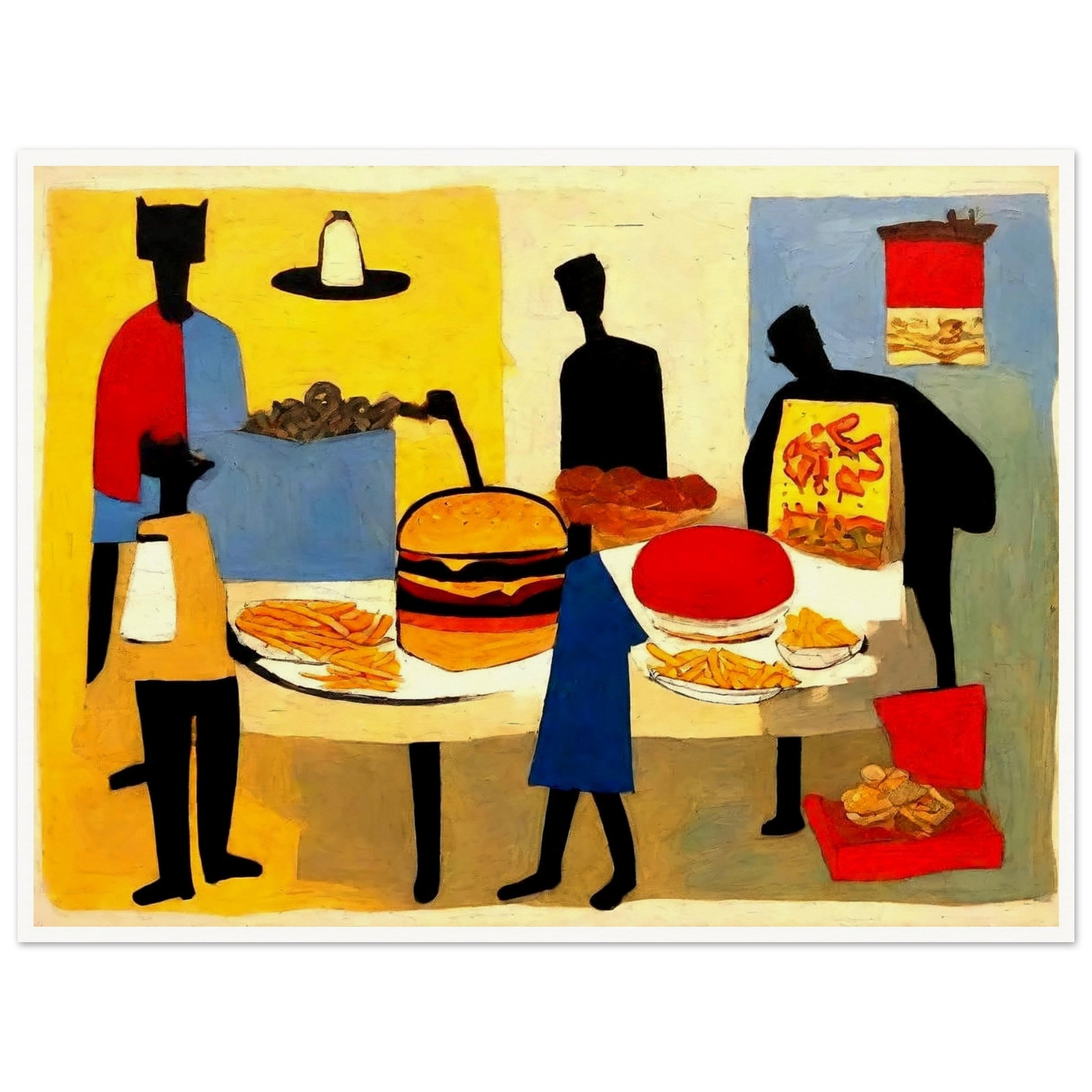 "An abstract painting of figures gathered around a table full of fast food items, including a burger, fries, pizza, and soda."