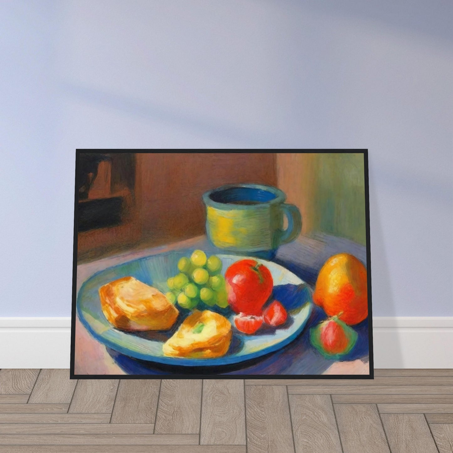 A still life painting featuring a breakfast plate with grapes, bread, and fruit beside a ceramic mug, bathed in soft morning light.