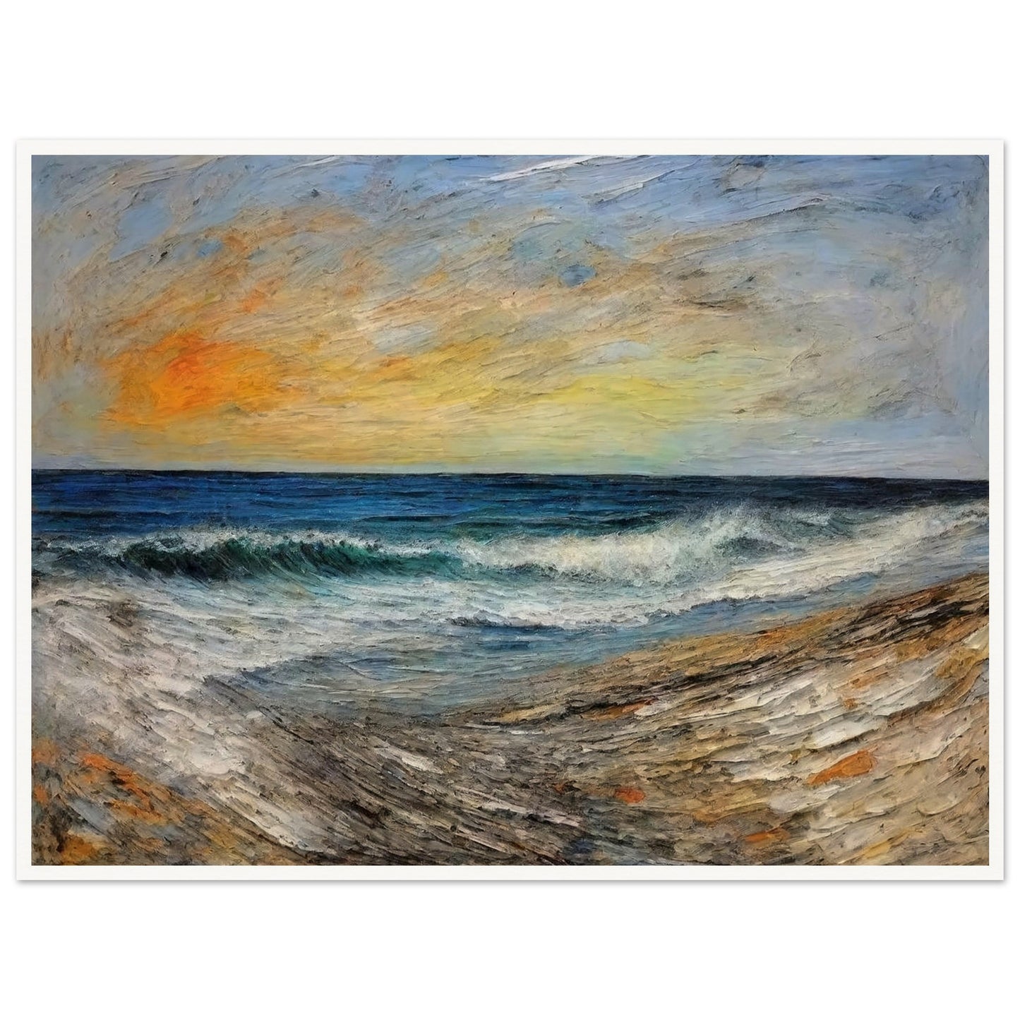 A painting of a serene shoreline at sunset with gentle waves, vibrant orange and yellow sky, and textured sand.