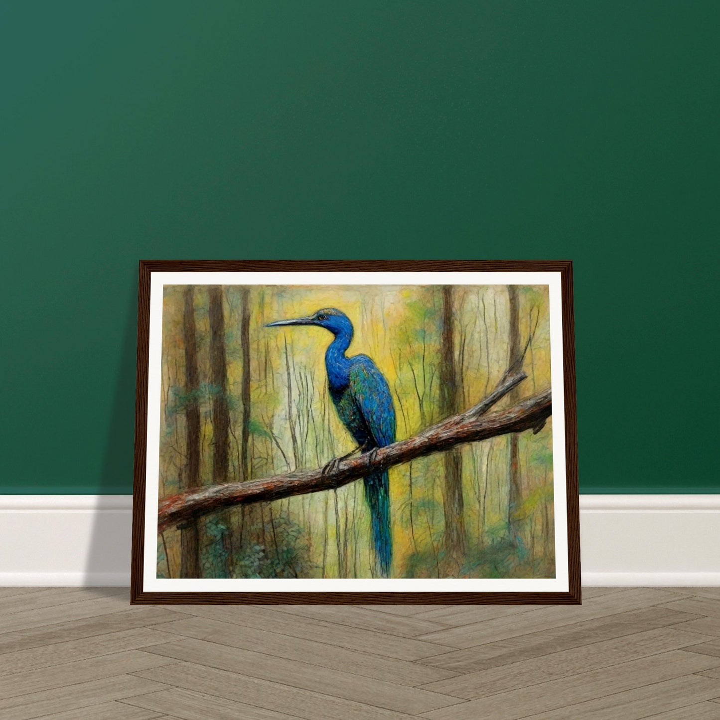 "A detailed painting of a vibrant blue bird perched on a tree branch in a forest, surrounded by soft, natural light filtering through the trees."
