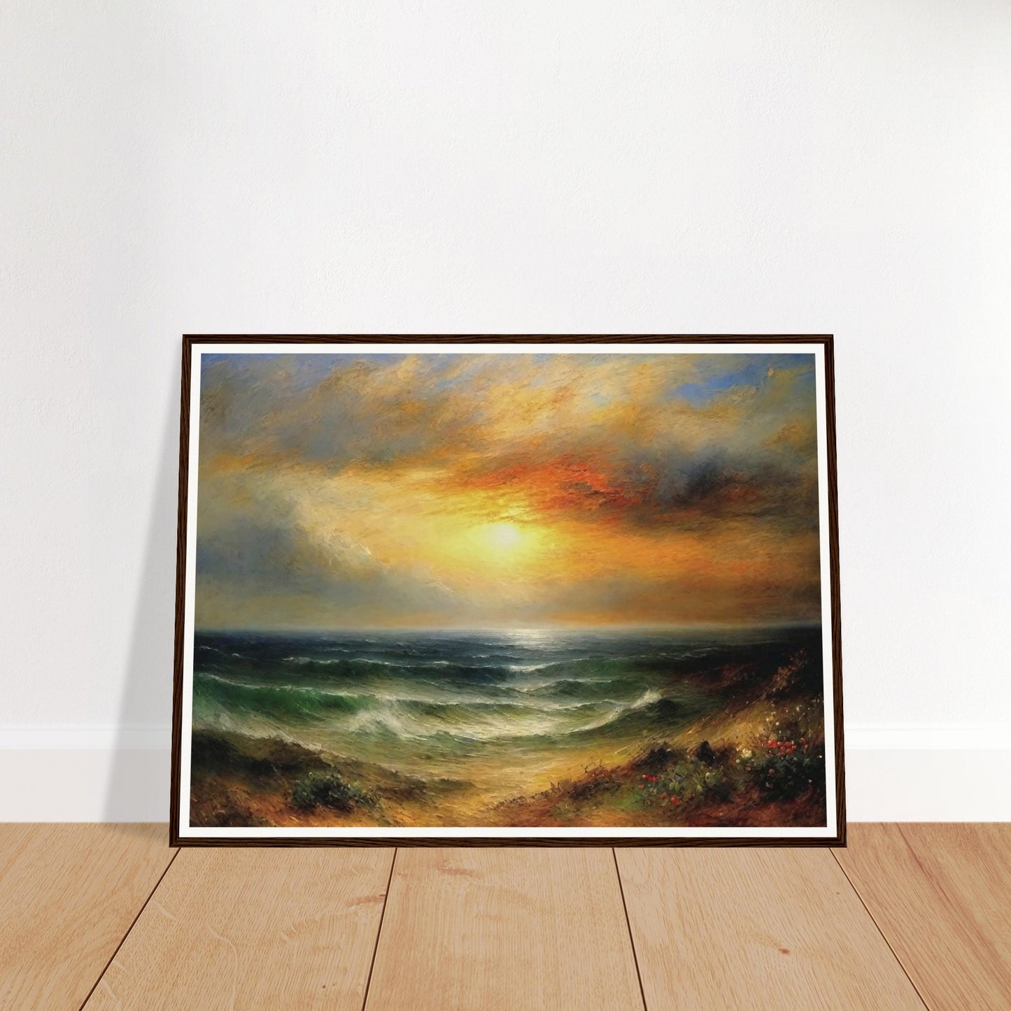 A beautiful seascape painting of a glowing sunset over calm ocean waves, with golden skies and soft colors reflecting on the water.