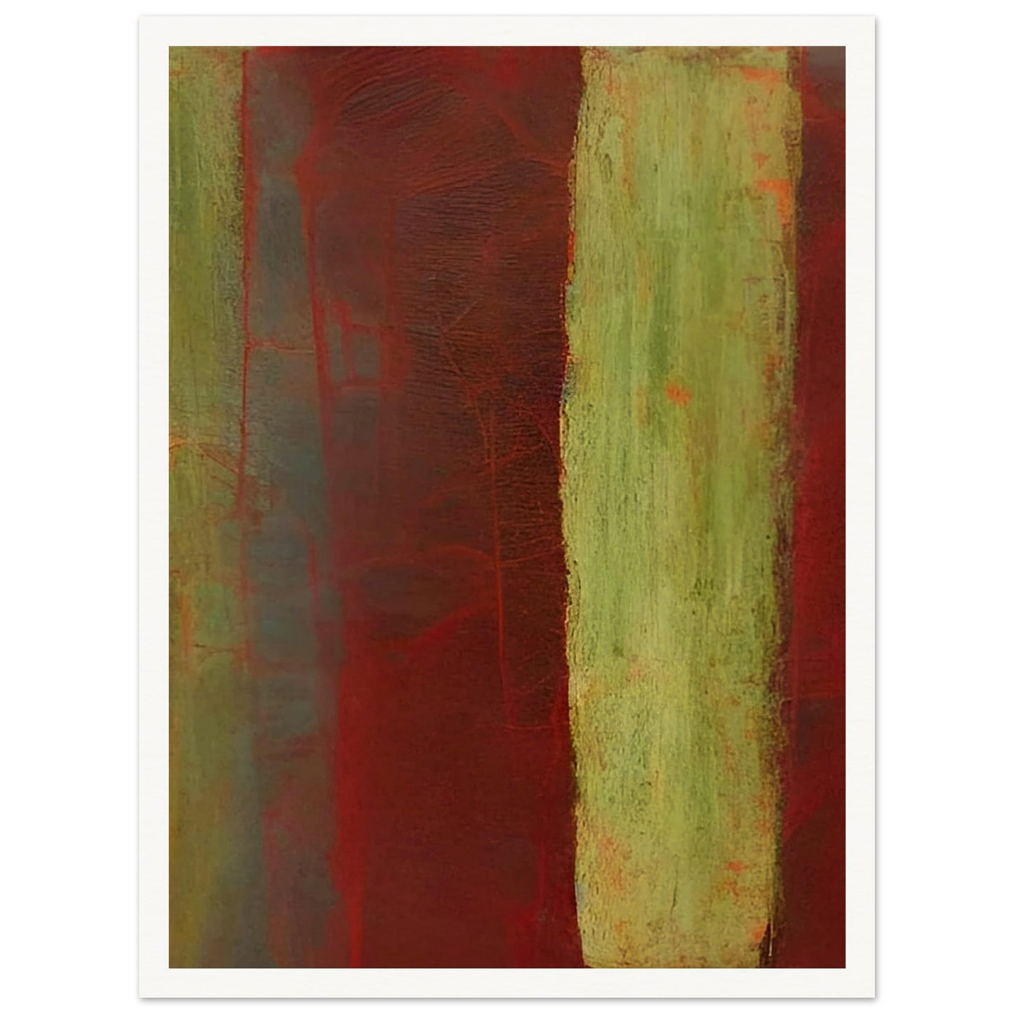 An abstract composition featuring deep red and earthy green vertical stripes with soft textures and layered shades, evoking a sense of natural decay and organic forms.