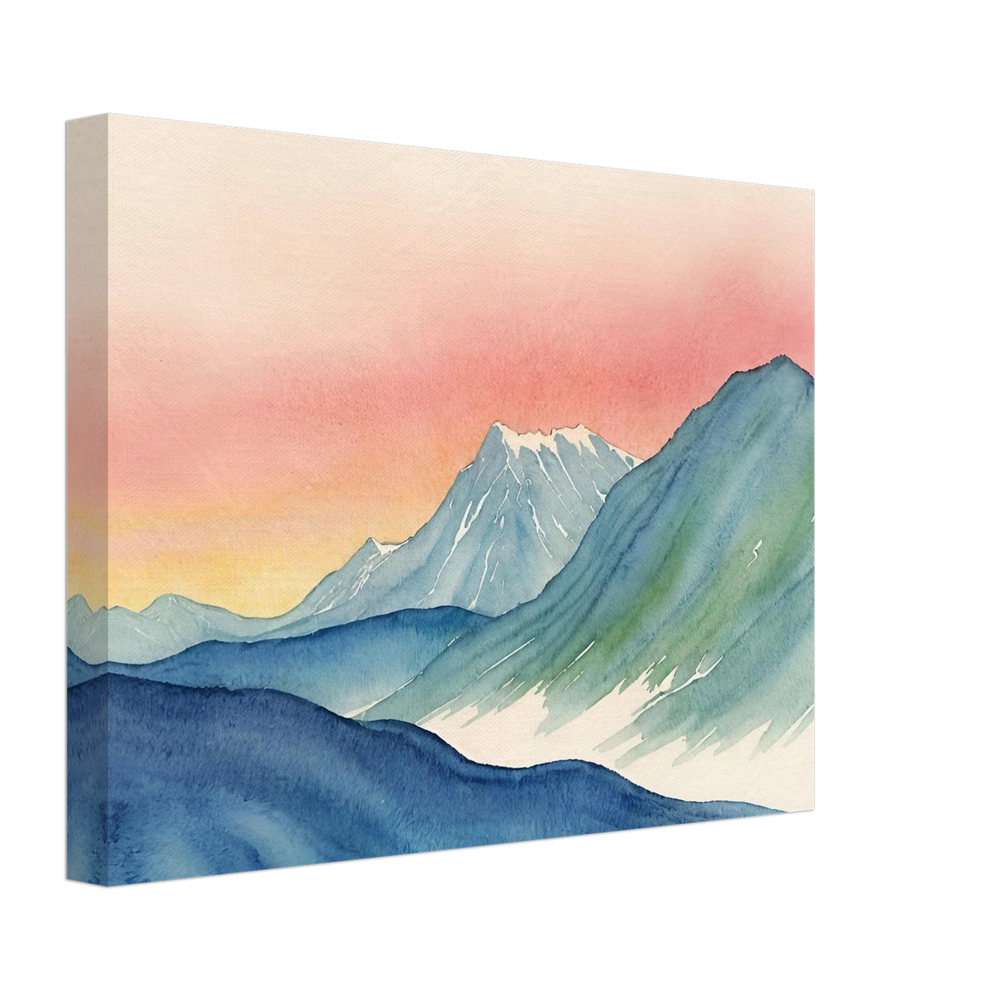 Cool-toned mountain ridges meet a radiant pink and yellow sky in this tranquil watercolor of a twilight alpine scene.
