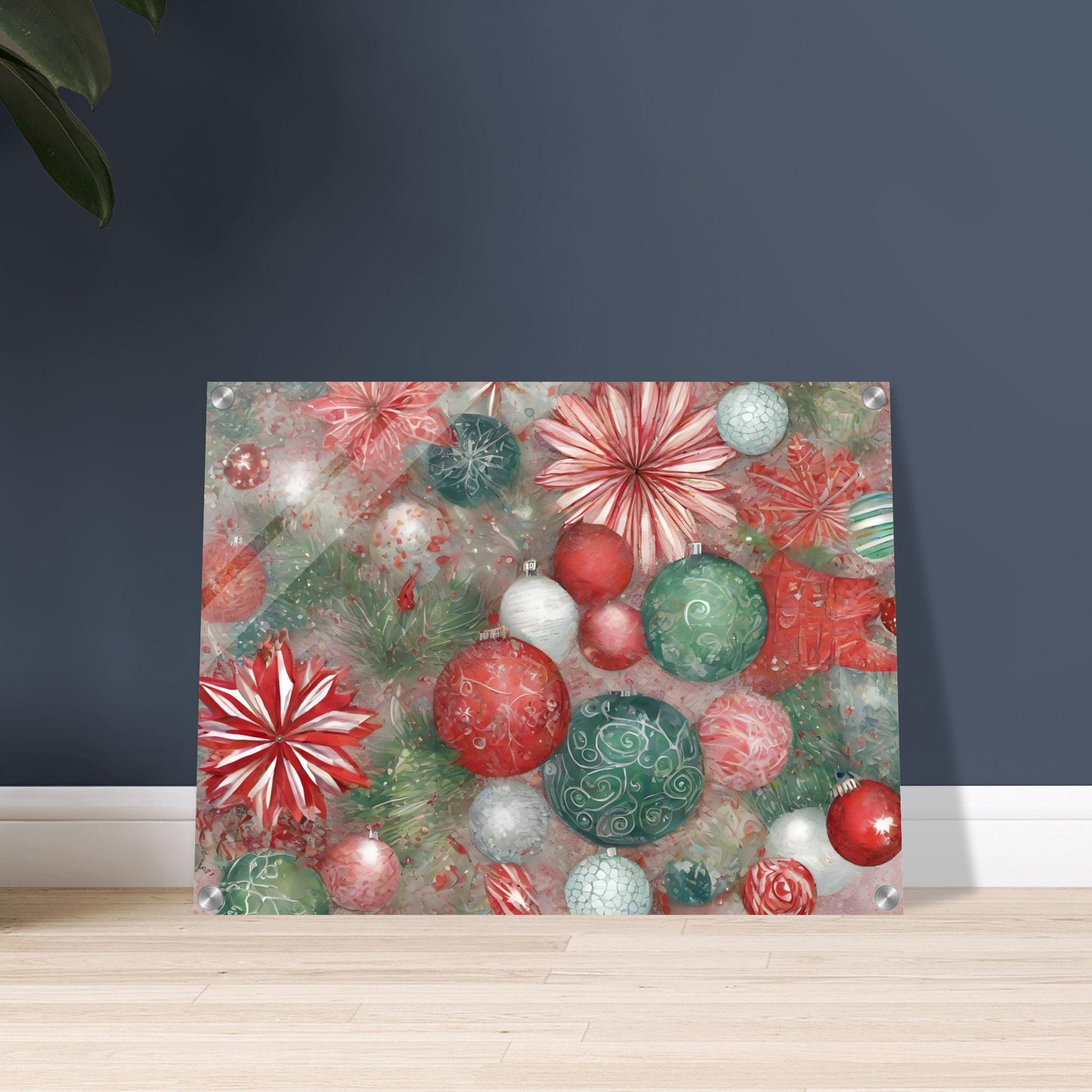 A vibrant festive artwork featuring red, green, and white Christmas ornaments, delicate floral patterns, and evergreen branches, evoking holiday cheer.
