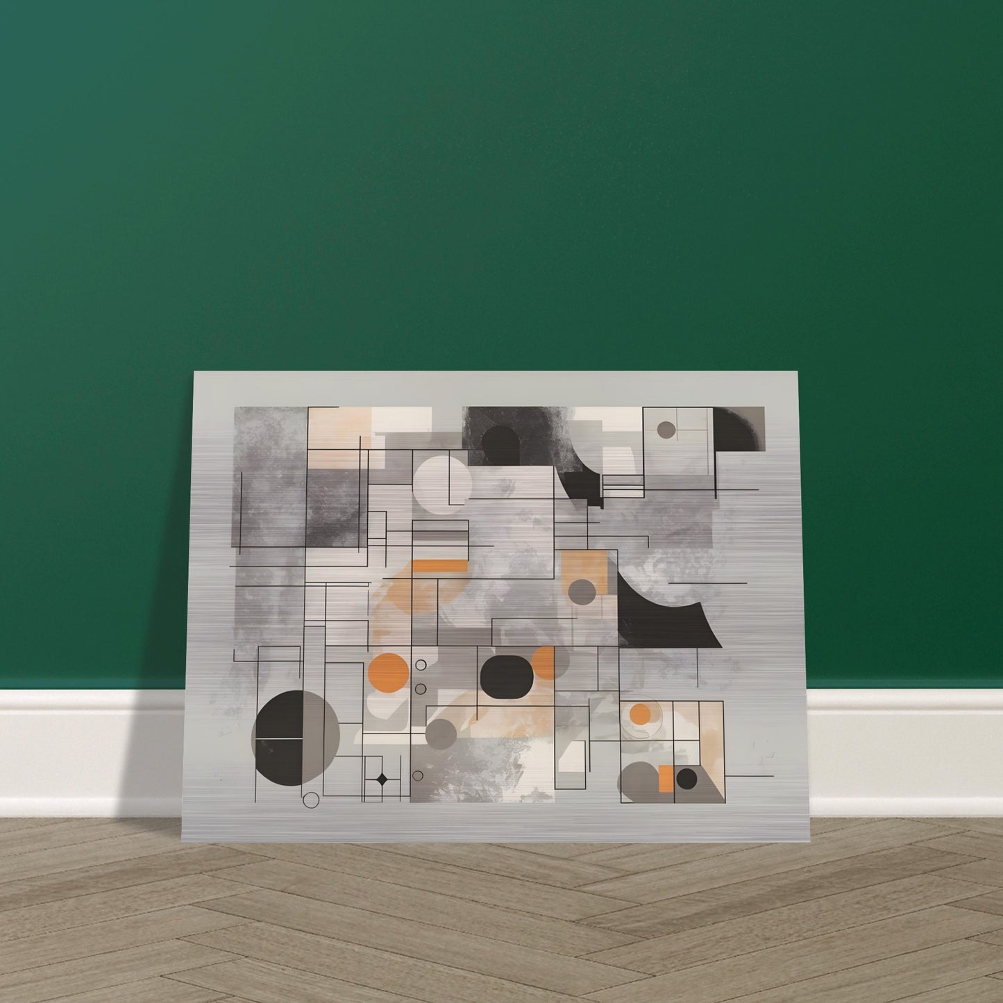 An abstract composition featuring geometric shapes, muted tones of grey, beige, and orange, with overlapping lines and blocks forming an architectural, grid-like design