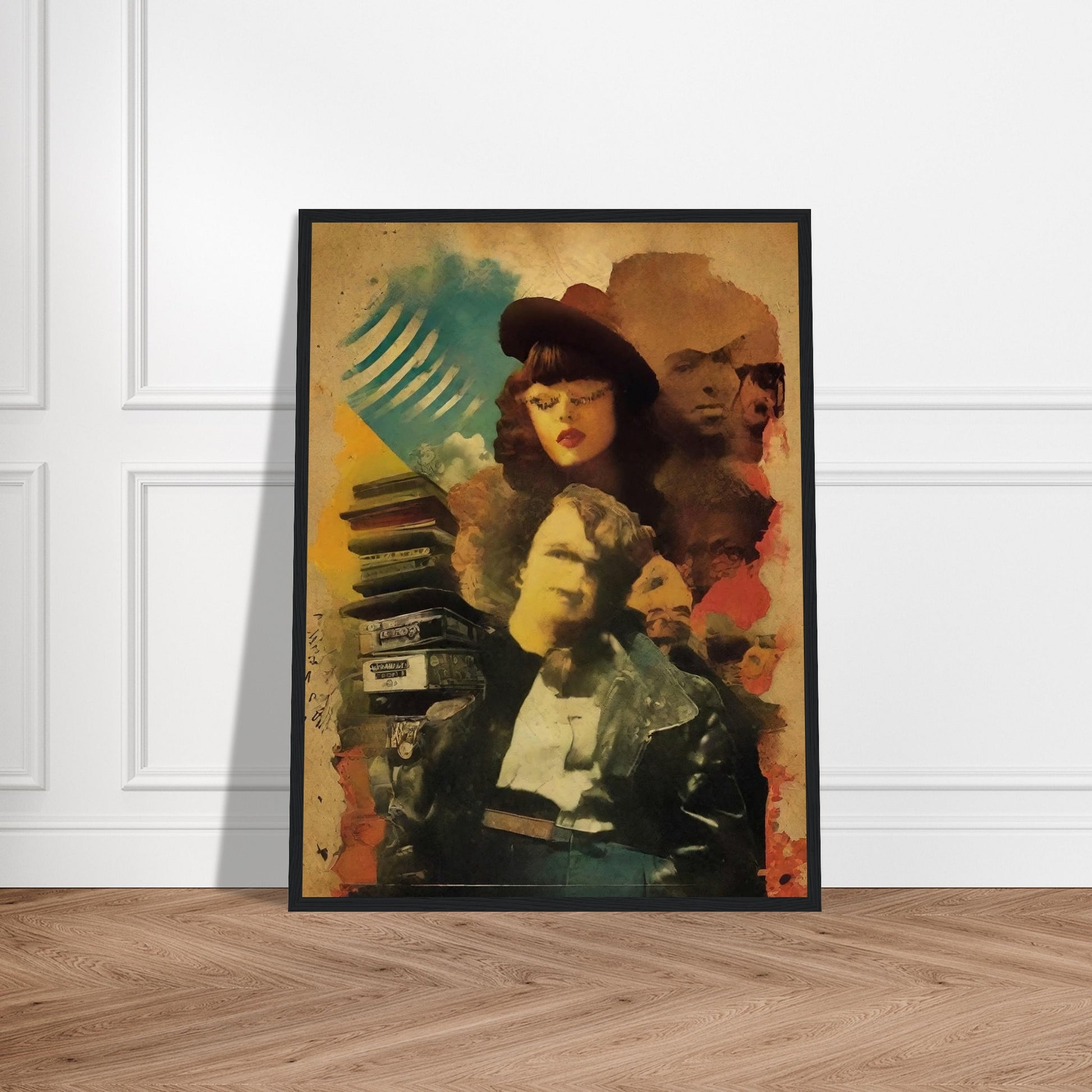 Surreal collage of vintage figures, with a woman in a hat and a man in a leather jacket, surrounded by old cassette tapes and faces