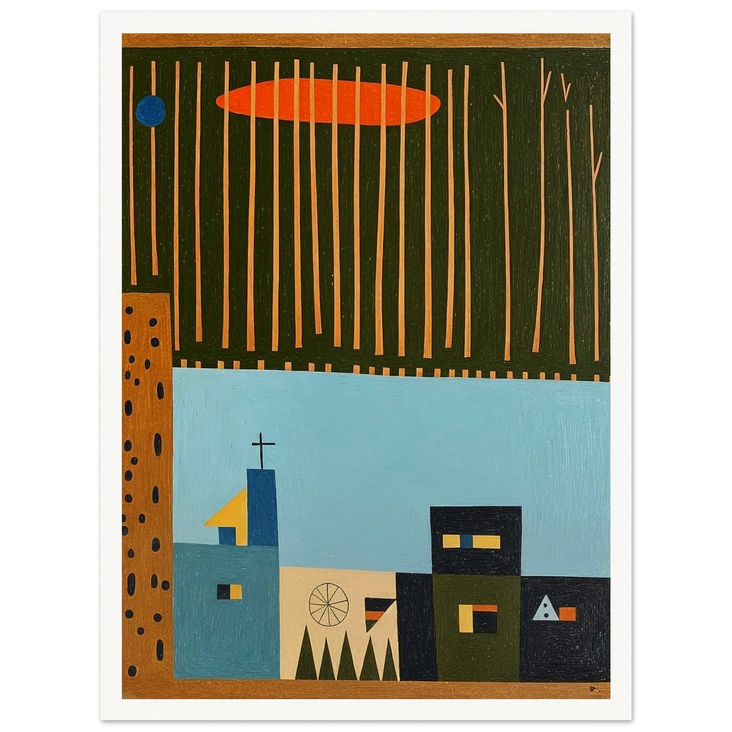 A minimalist portrayal of a small village beneath tall, thin trees and an orange cloud, capturing a tranquil, serene atmosphere.