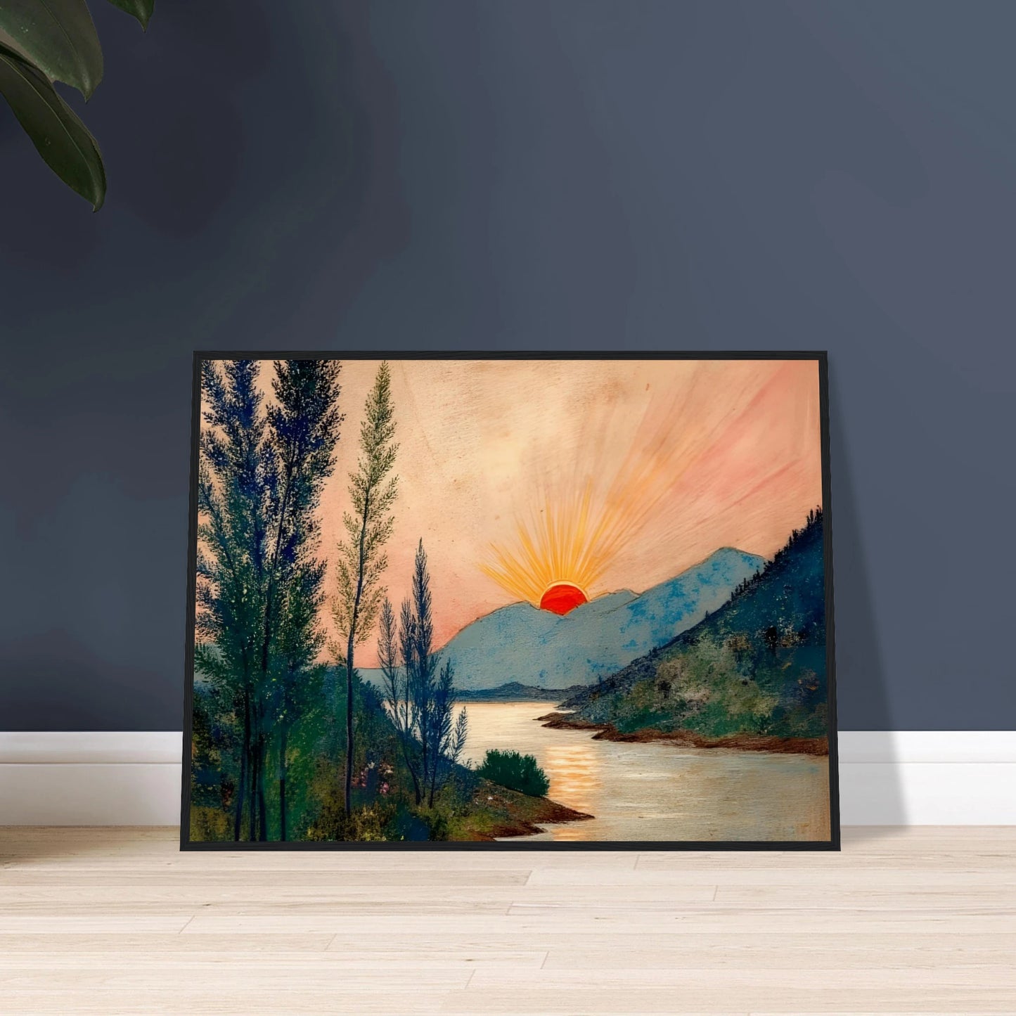 A vivid sunrise glows over misty mountains and a calm river, framed by tall trees and soft pastel skies.