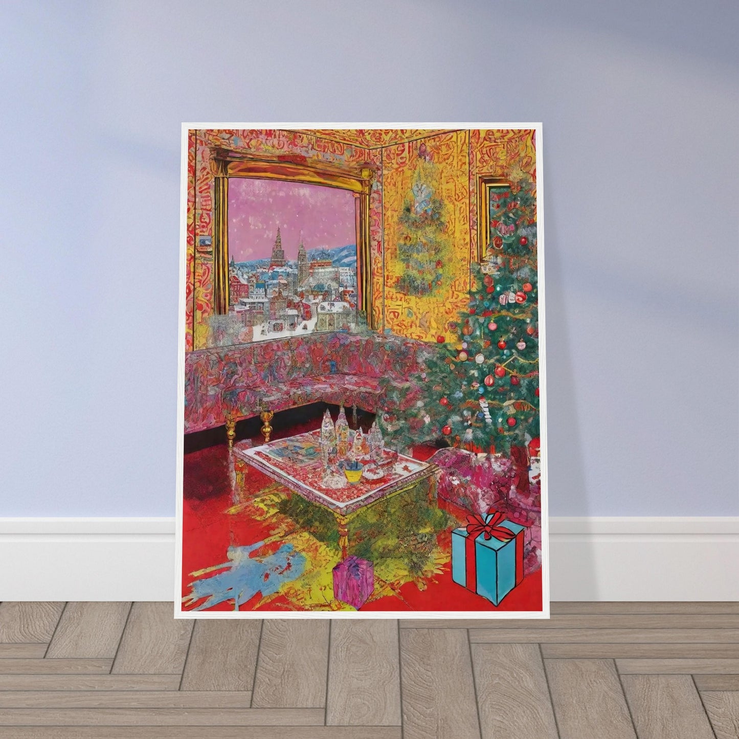 A vibrant living room adorned with a Christmas tree, presents, and festive decorations, featuring a large window showcasing a snowy cityscape with church spires in the distance.
