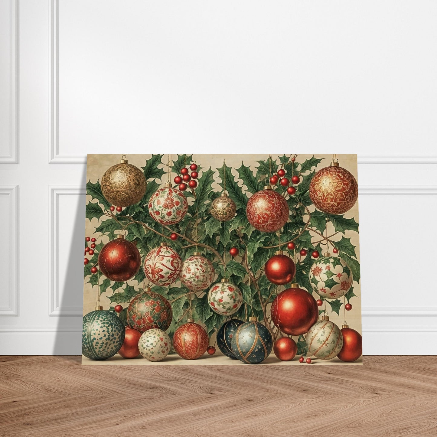 A collection of intricately designed Christmas ornaments in red, gold, and green, hanging from holly branches adorned with berries, creating a festive holiday scene.