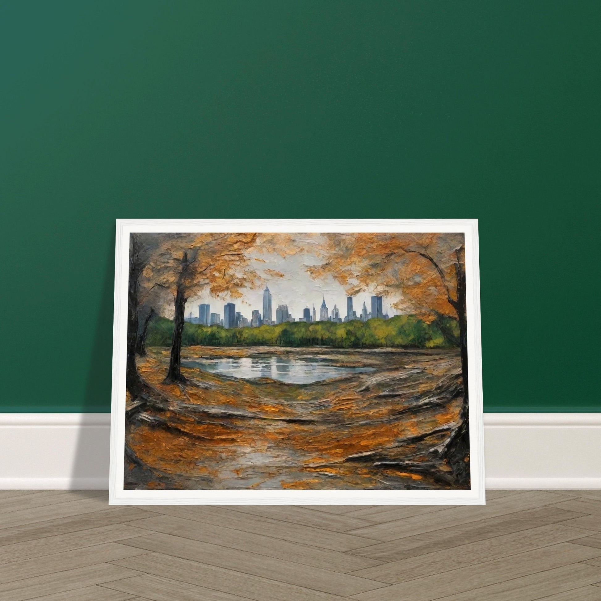 "A beautiful autumn scene with golden leaves framing a city skyline in the distance, viewed from the edge of a tranquil pond in the park."