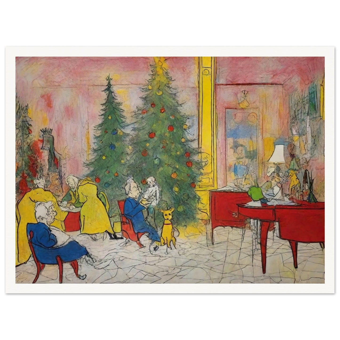 A cozy holiday scene featuring family members and pets gathered around a decorated Christmas tree in a colorful living room, capturing the warmth and joy of the season.