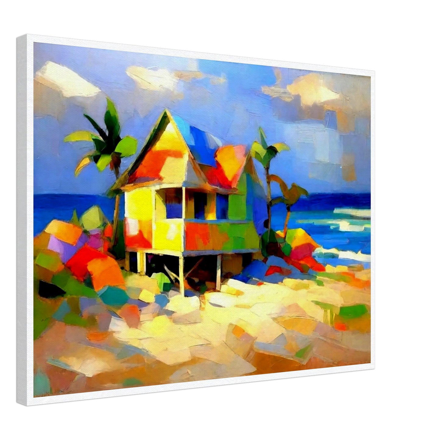 A colorful and lively painting of a beach house with bright blocks of color, set against a backdrop of palm trees and the ocean on a sunny day.