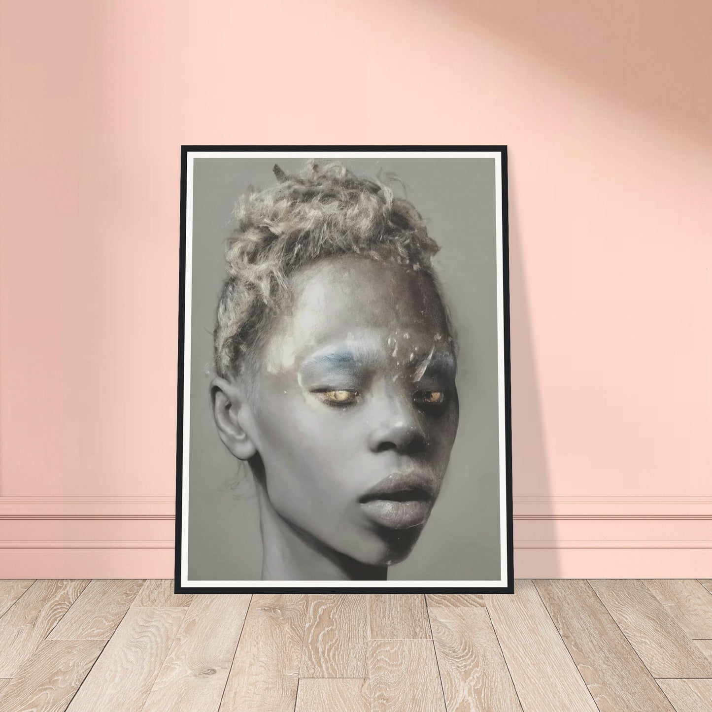 A powerful and ethereal portrait of a person with textured skin, golden eyes, and silvery hair, blending realism and surrealism to create a captivating and otherworldly appearance.
