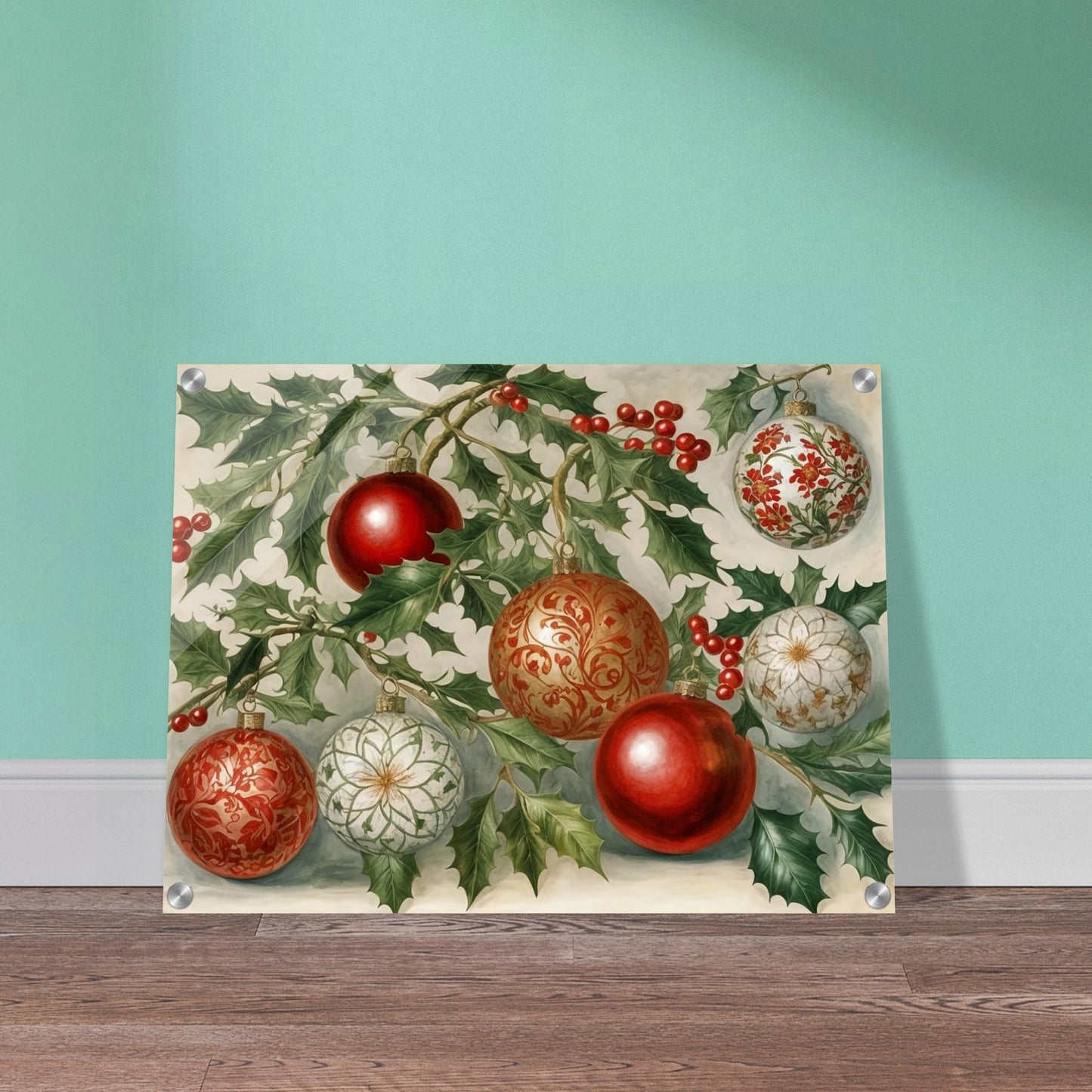 A festive display of red and gold Christmas ornaments hanging from holly branches, adorned with intricate floral and scroll patterns, evoking holiday elegance and warmth.