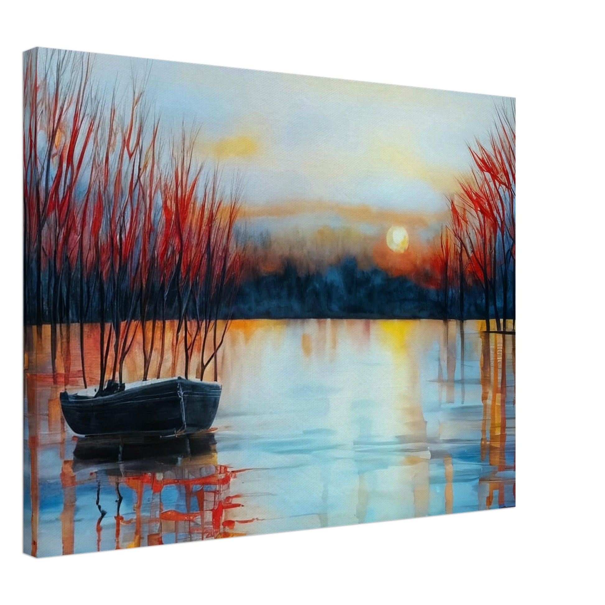 A tranquil lake at sunset with a small boat anchored near bare trees, reflecting the warm hues of the setting sun.